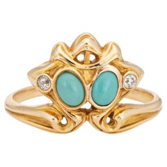 Larter & Sons Bague Art nouveau ancienne en or jaune 14 carats avec turquoise et diamants, taille 7,5