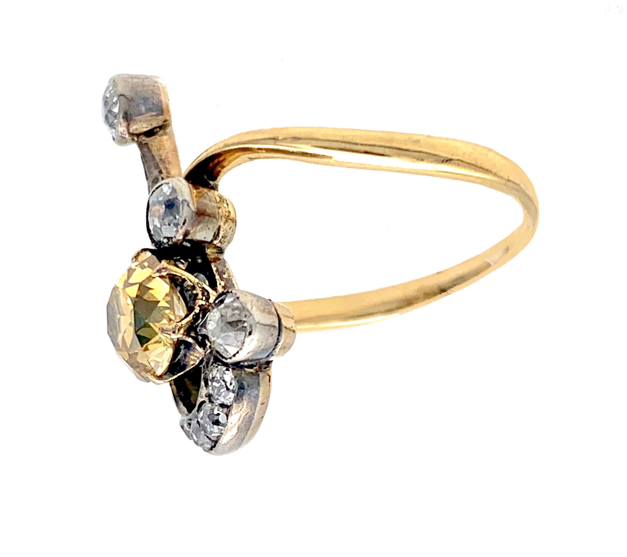 Mixed Cut Antique Art Nouveau 14 K Gold Ring Natural Brown Diamond 0.7 Carat Treble Clef For Sale