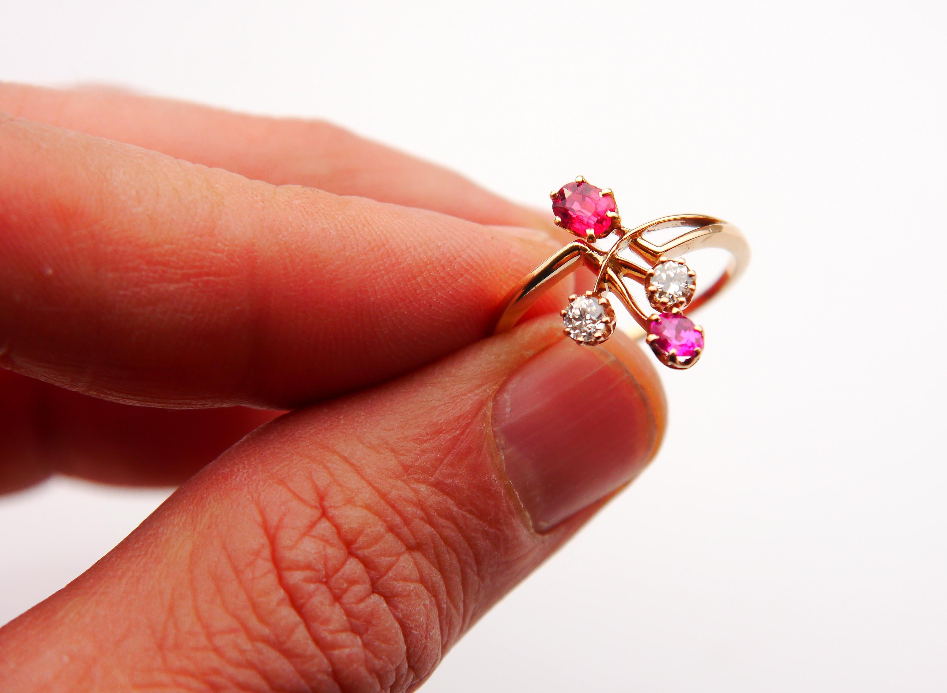 Antique Art Nouveau Ring natural Ruby Spinel Diamonds solid 18KGold Ø 9.5US/ 3gr For Sale 7