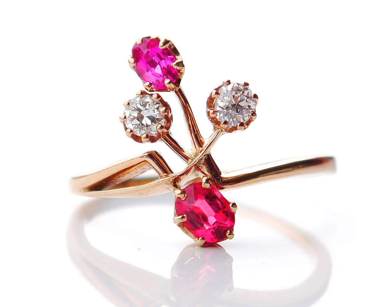 Art Nouveau period Ring in solid 18K (tested) Gold with a mix of two natural Diamonds , natural Ruby and natural Spinel stones made Europe in ca. early XX century.

Two old diamond cut Diamonds Ø 3.5 mm / 0.17 ct each .Color ca. H,G / VVS .

Minor