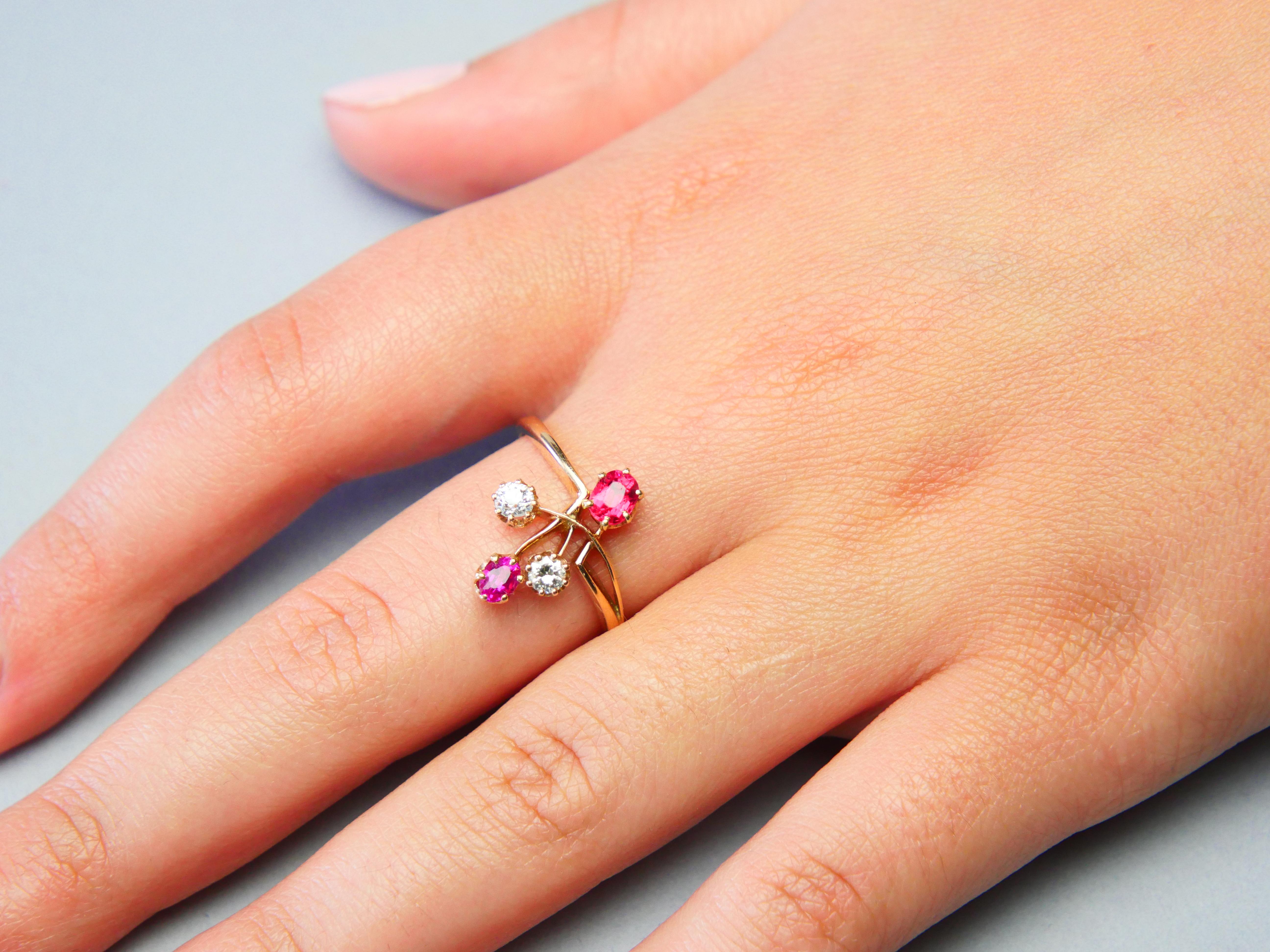 Women's Antique Art Nouveau Ring natural Ruby Spinel Diamonds solid 18KGold Ø 9.5US/ 3gr For Sale