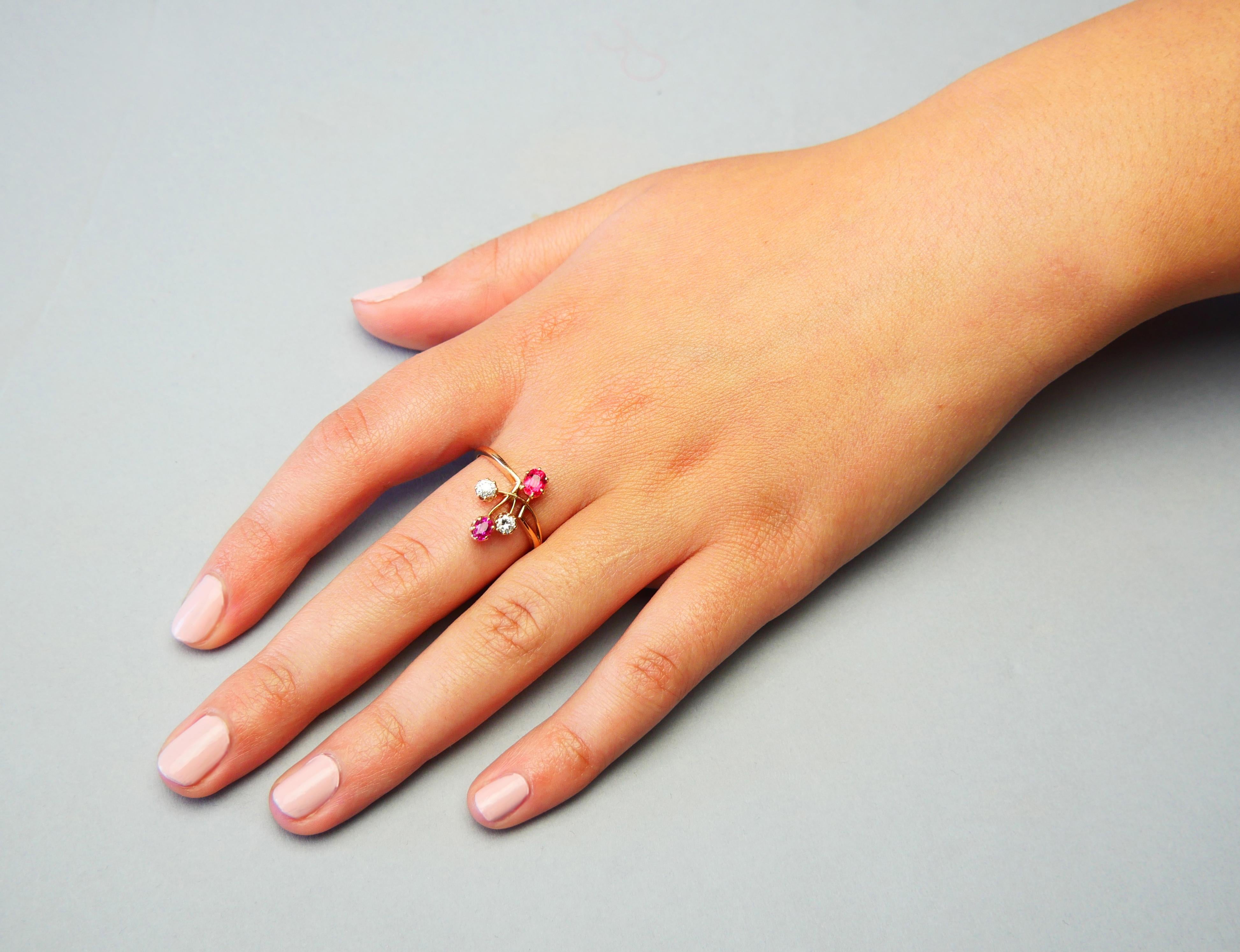 Antique Art Nouveau Ring natural Ruby Spinel Diamonds solid 18KGold Ø 9.5US/ 3gr For Sale 1