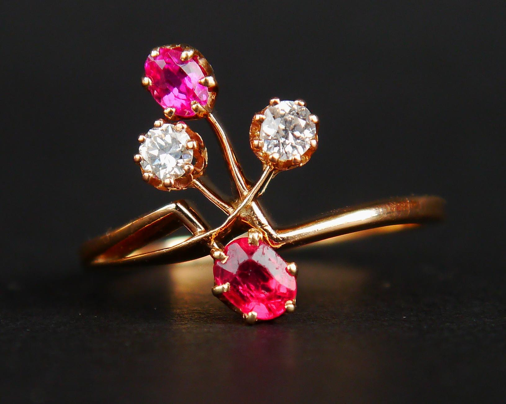 Antique Art Nouveau Ring natural Ruby Spinel Diamonds solid 18KGold Ø 9.5US/ 3gr For Sale 2