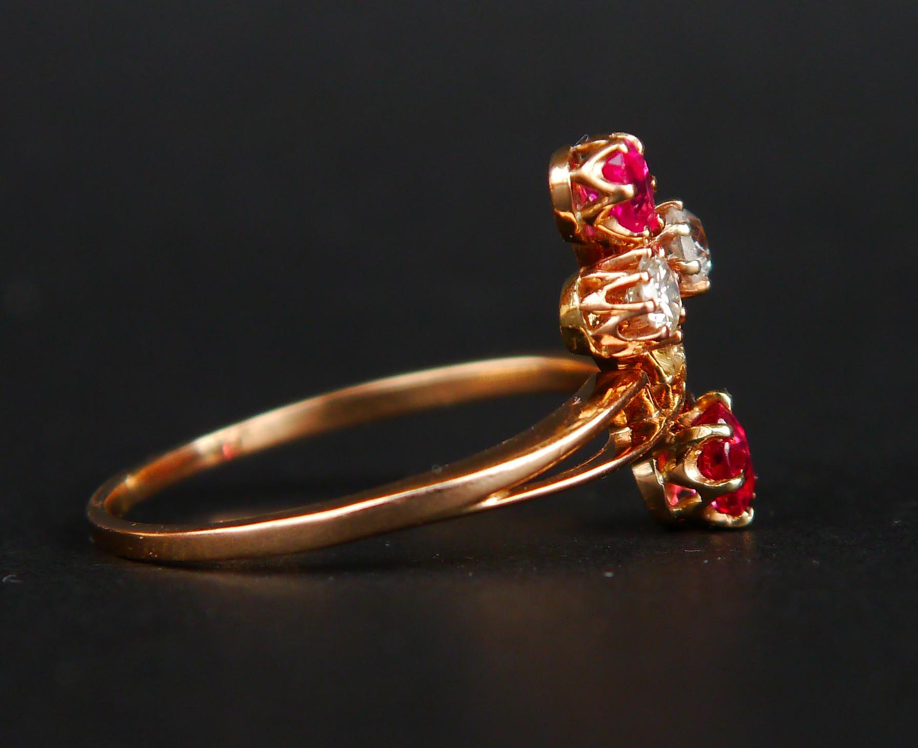 Antique Art Nouveau Ring natural Ruby Spinel Diamonds solid 18KGold Ø 9.5US/ 3gr For Sale 3