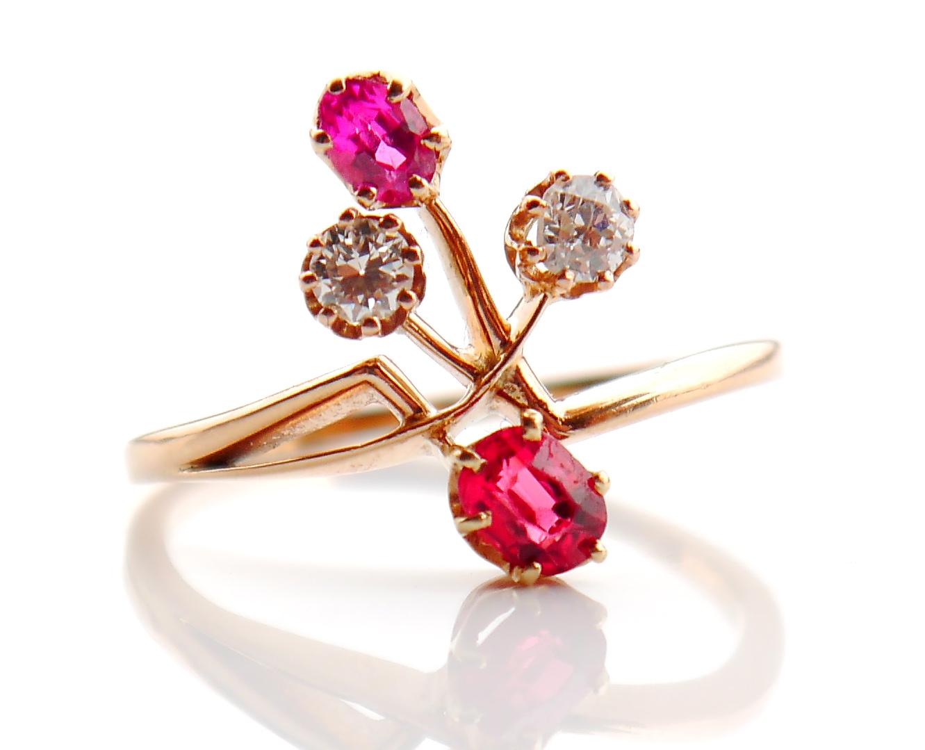 Antique Art Nouveau Ring natural Ruby Spinel Diamonds solid 18KGold Ø 9.5US/ 3gr For Sale 4