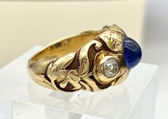 Antique Art Nouveau Ring Sapphire Cabochon Diamond 14 Karat Gold Lilies