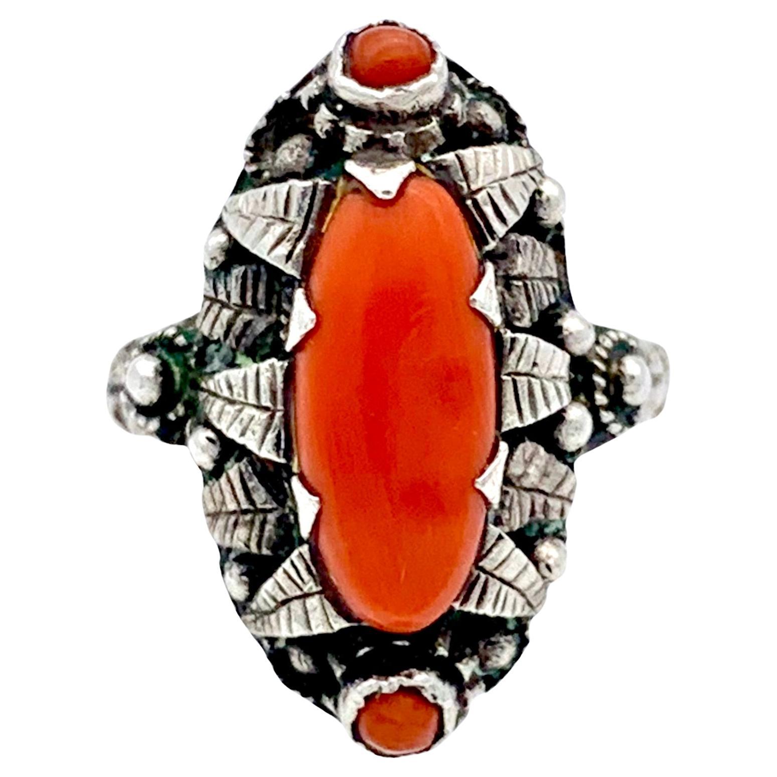 Antique Art  Nouveau Ring Silver Corallium Rubrum For Sale