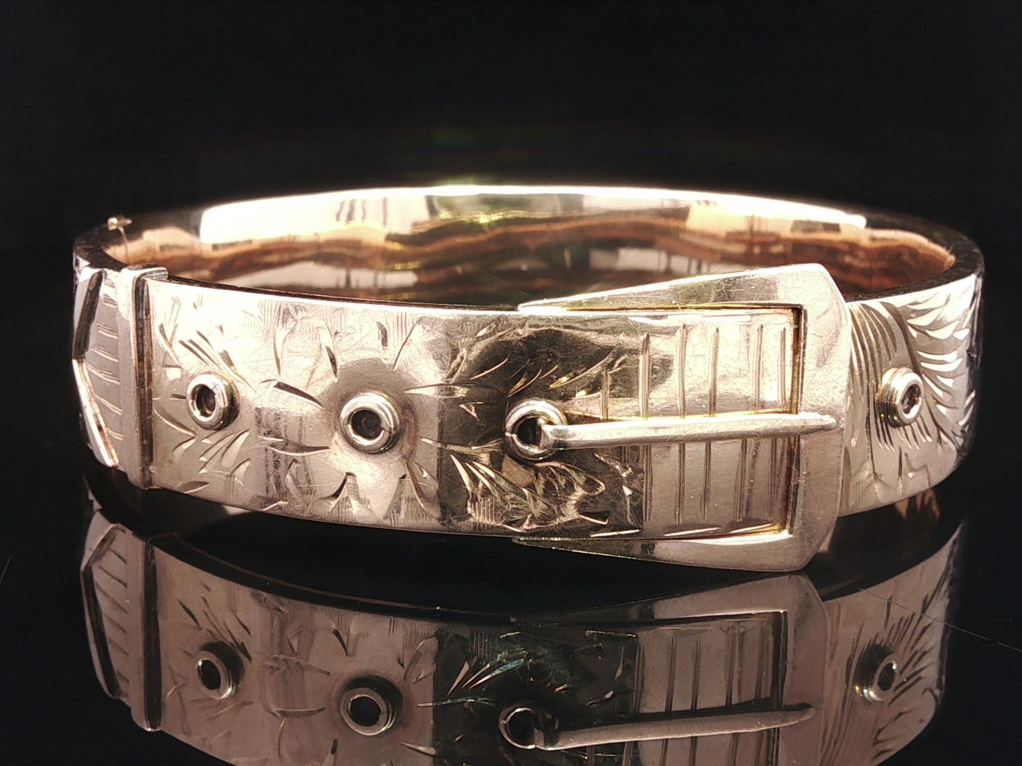 Antique Art Nouveau Rosy Gold Hand Etched Belt Buckle Open Bangle Bracelet en vente 5