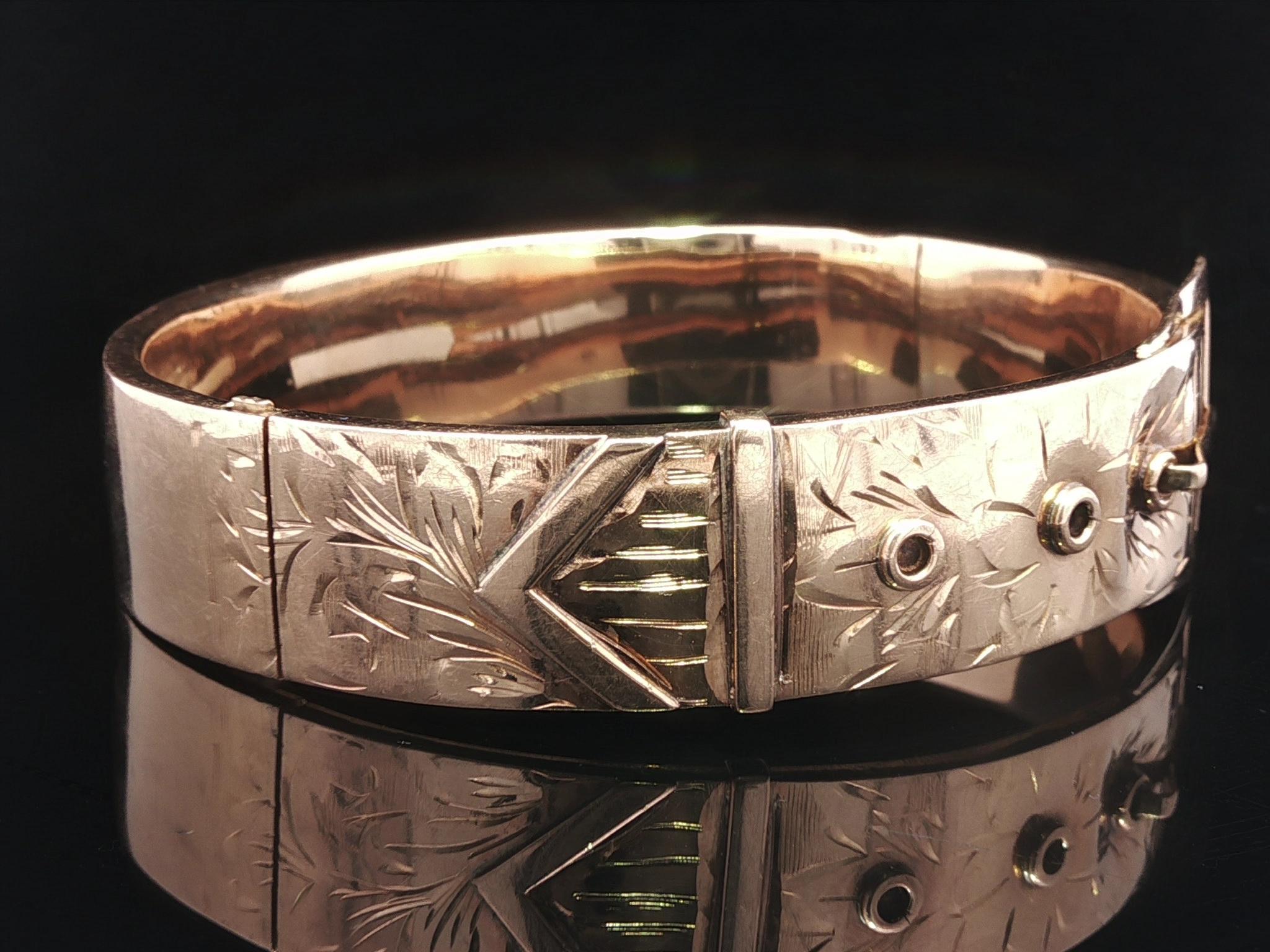 Antique Art Nouveau Rosy Gold Hand Etched Belt Buckle Open Bangle Bracelet en vente 6