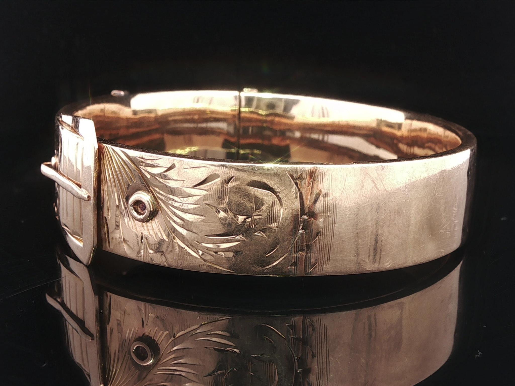 Antique Art Nouveau Rosy Gold Hand Etched Belt Buckle Open Bangle Bracelet en vente 9