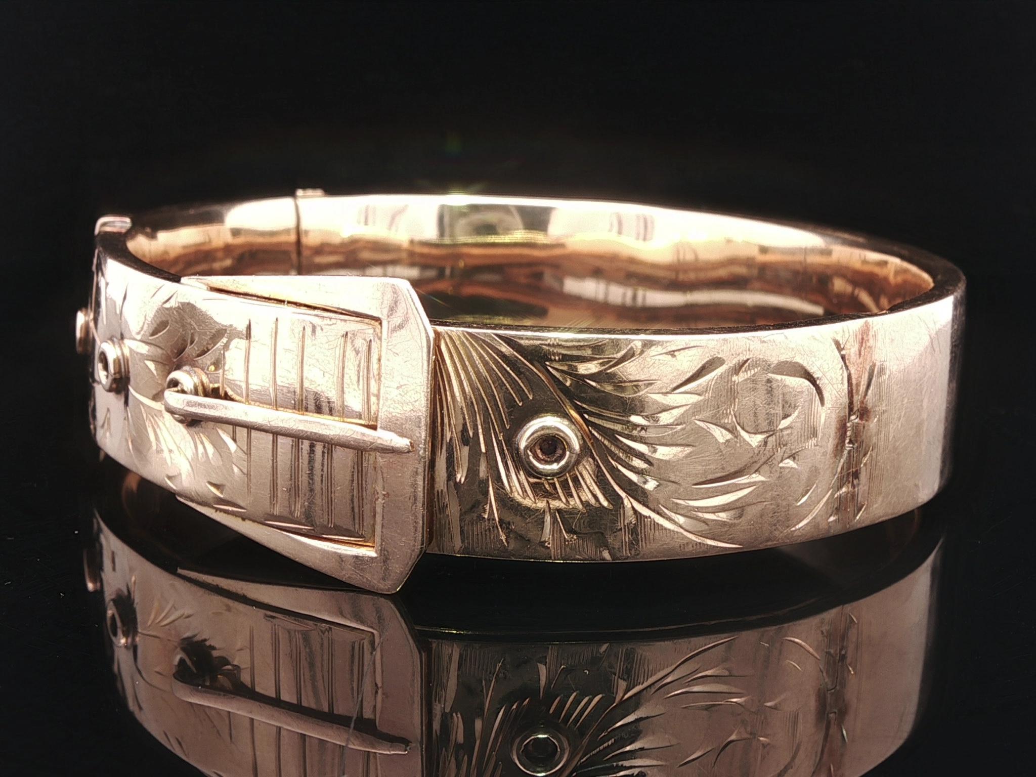 Antique Art Nouveau Rosy Gold Hand Etched Belt Buckle Open Bangle Bracelet en vente 10