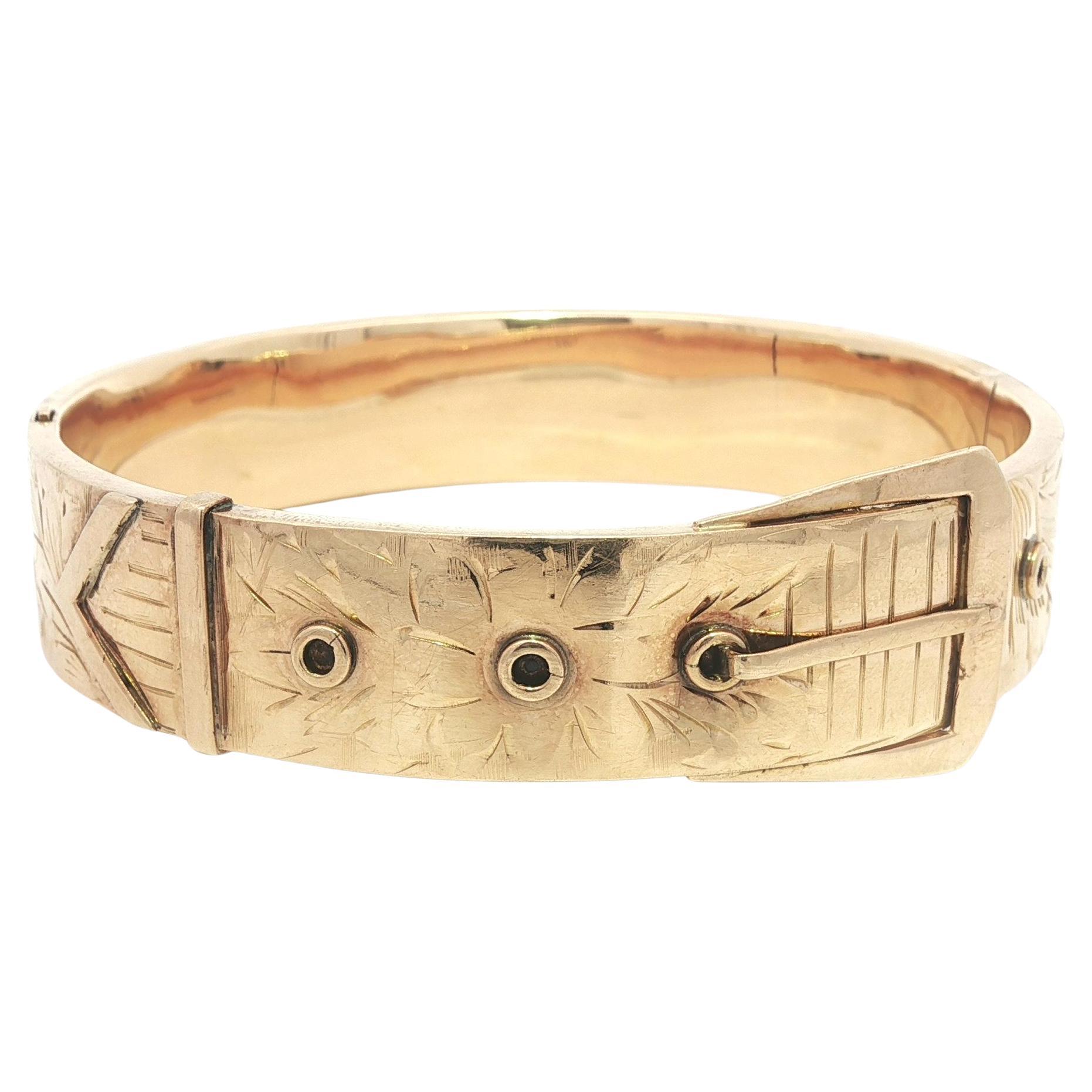 Antique Art Nouveau Rosy Gold Hand Etched Belt Buckle Open Bangle Bracelet