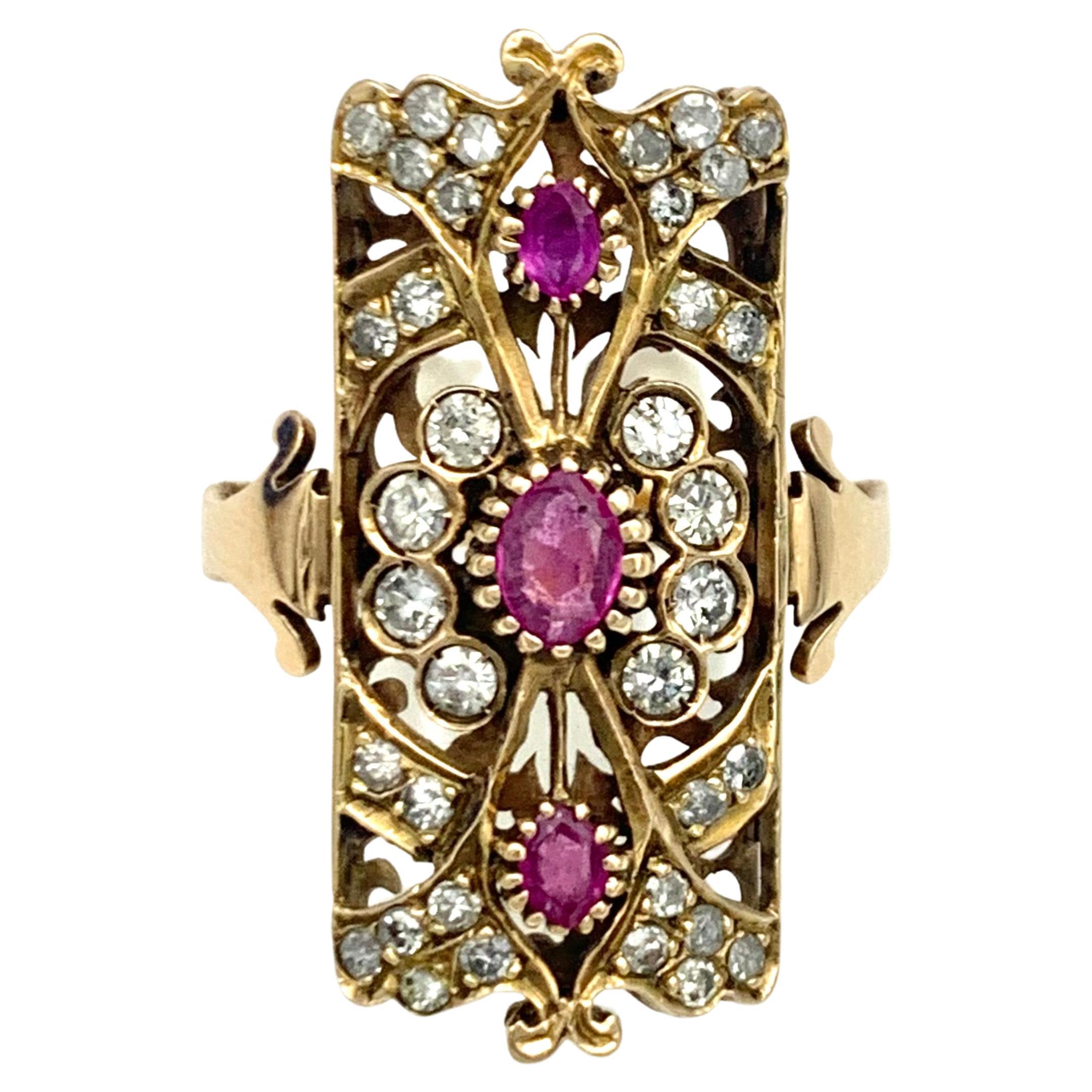Antiker Jugendstil-Ring, Rubin, Diamant, 14 Karat Gold