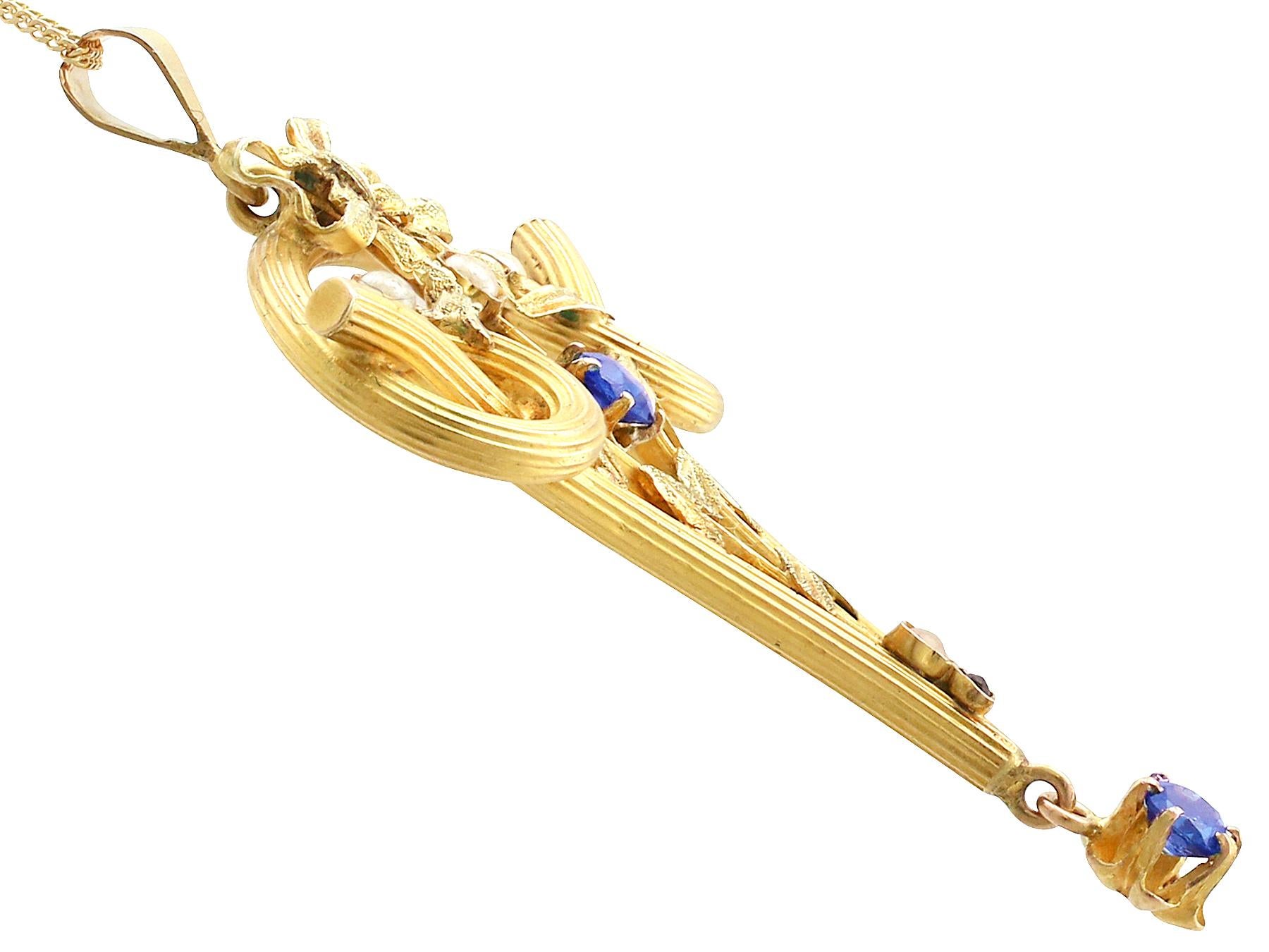 Antiker Jugendstil-Anhänger mit Rubin, Saphir und Perlenkette aus Gelbgold (Rundschliff) im Angebot