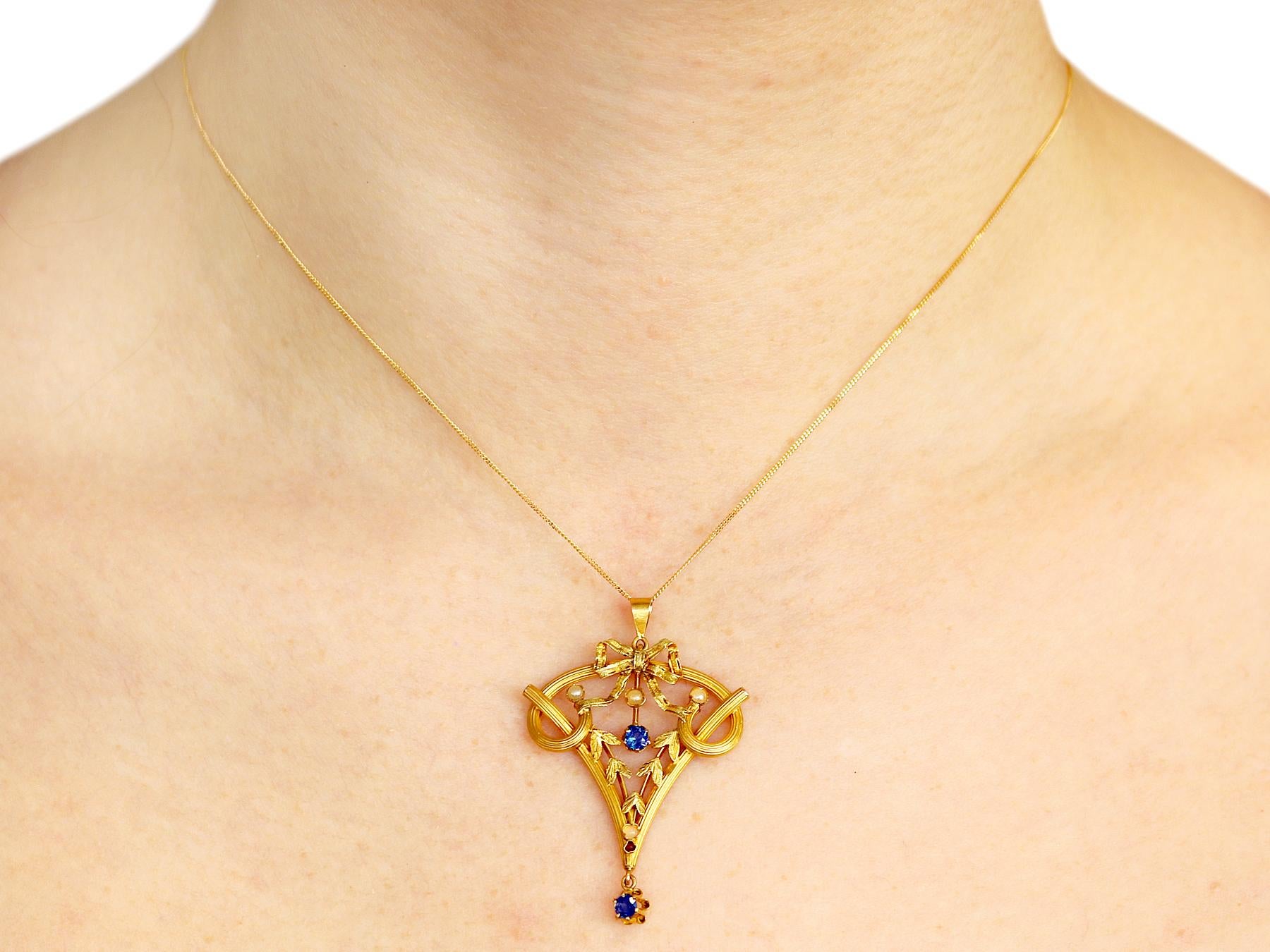 Women's Antique Art Nouveau Ruby Sapphire and Seed Pearl Yellow Gold Pendant For Sale