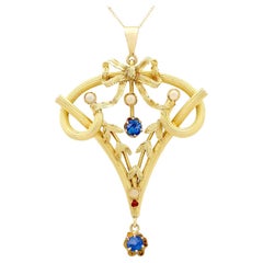 Antique Art Nouveau Ruby Sapphire and Seed Pearl Yellow Gold Pendant