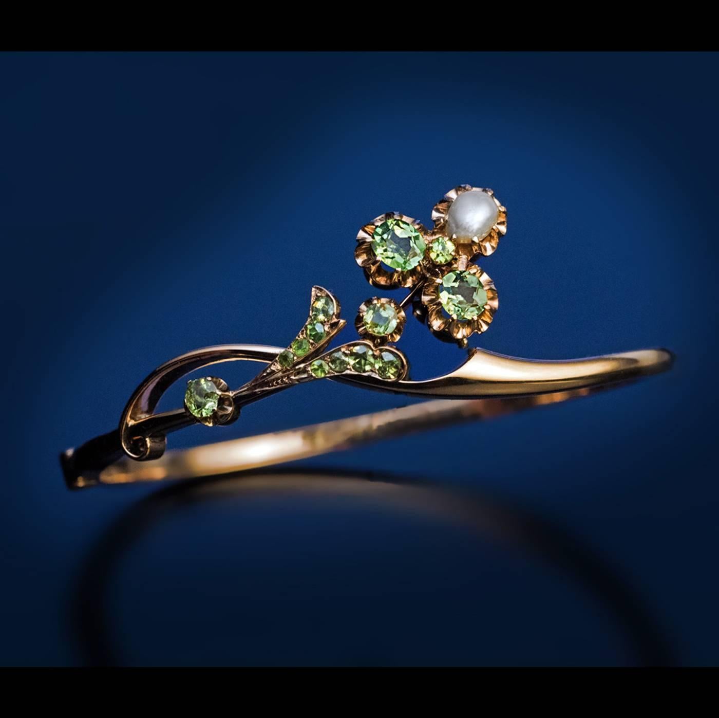 Women's Antique Art Nouveau Russian Demantoid Pearl Gold Bangle Bracelet
