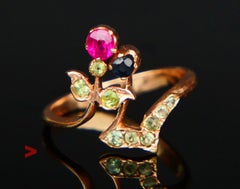 Anello Antico Art Nouveau Russo Demantoide Rubino Zaffiro 56 Oro ØUS4 / 1,76gr