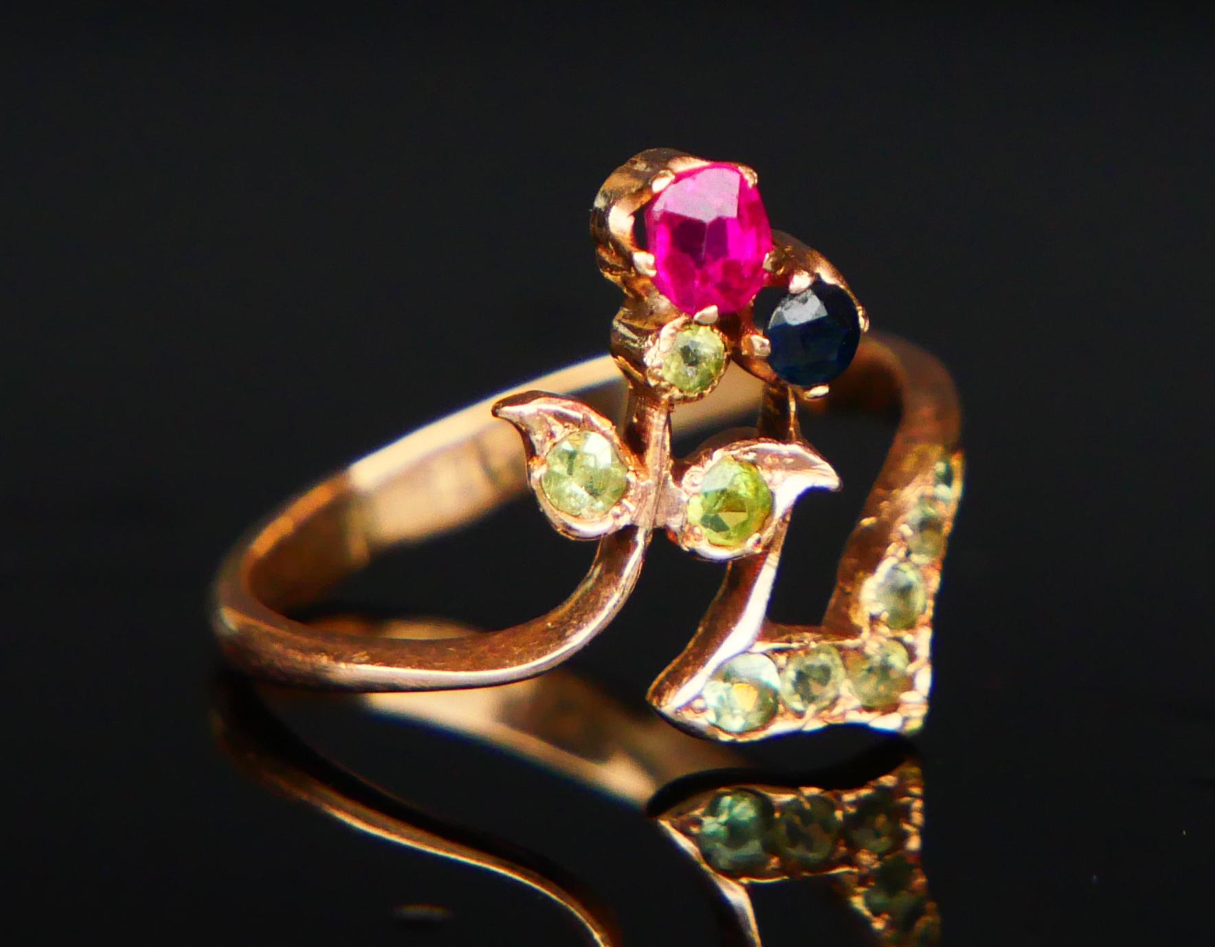 Antiker Jugendstil Russischer Ring Demantoid Rubin Saphir 56 Gold ØUS4 / 1.76gr (Art nouveau) im Angebot