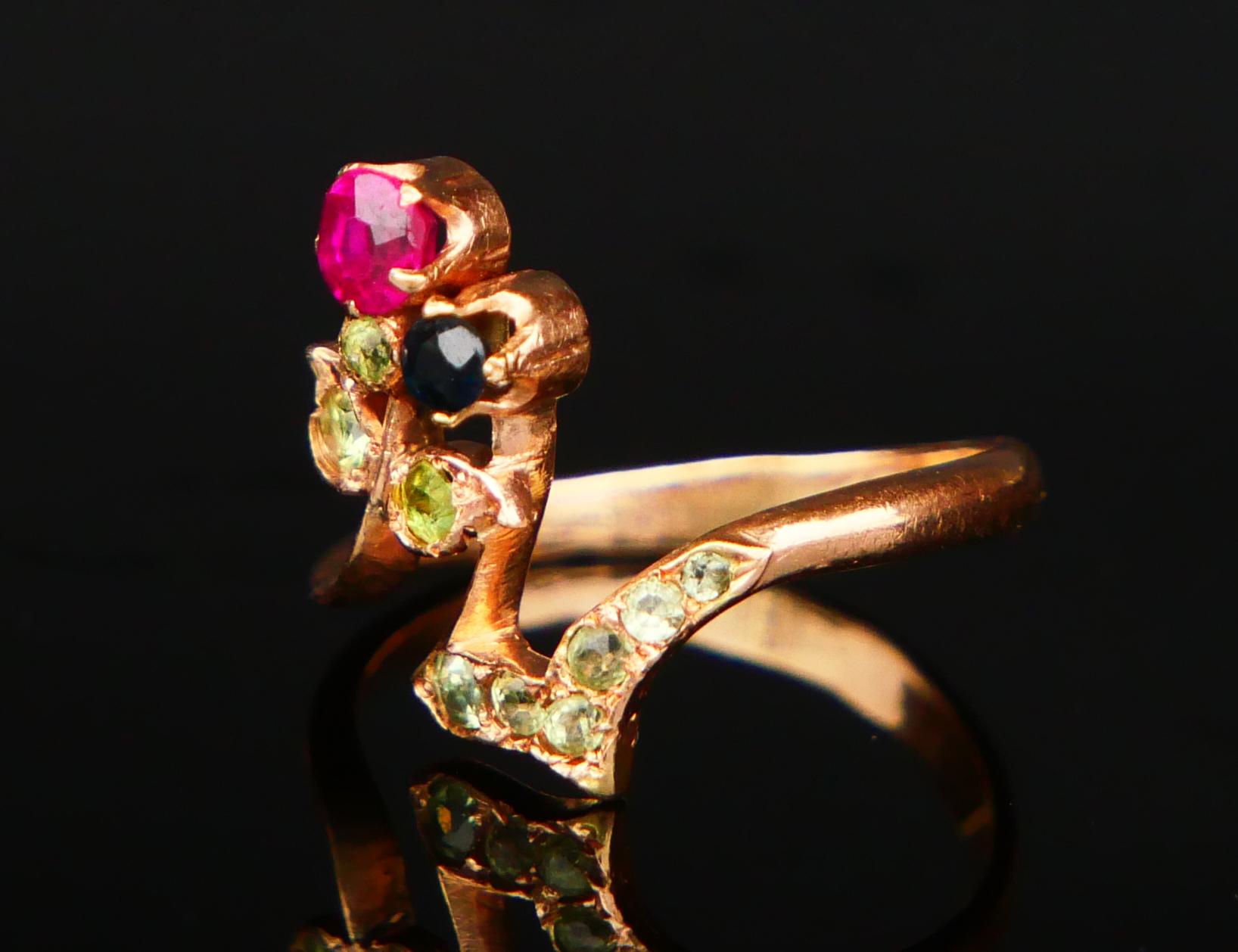 Antiker Jugendstil Russischer Ring Demantoid Rubin Saphir 56 Gold ØUS4 / 1.76gr (Alteuropäischer Schliff) im Angebot