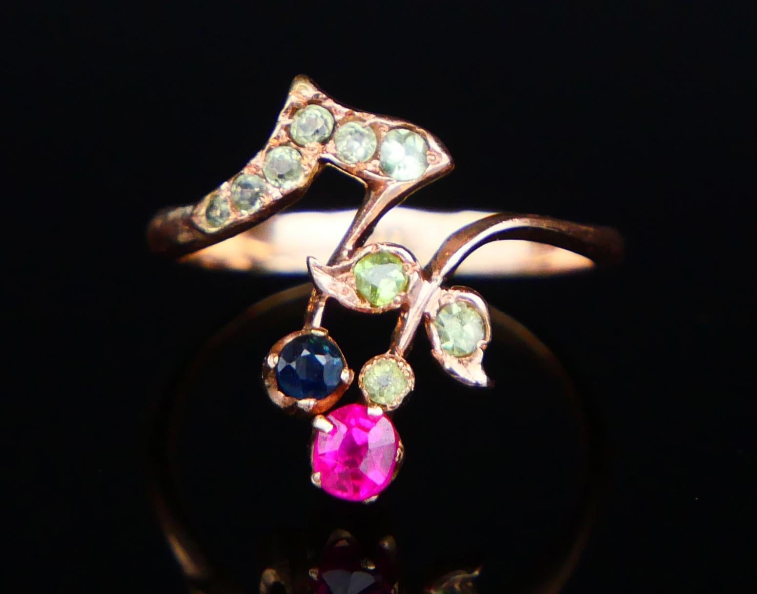 Antiker Jugendstil Russischer Ring Demantoid Rubin Saphir 56 Gold ØUS4 / 1.76gr Damen im Angebot