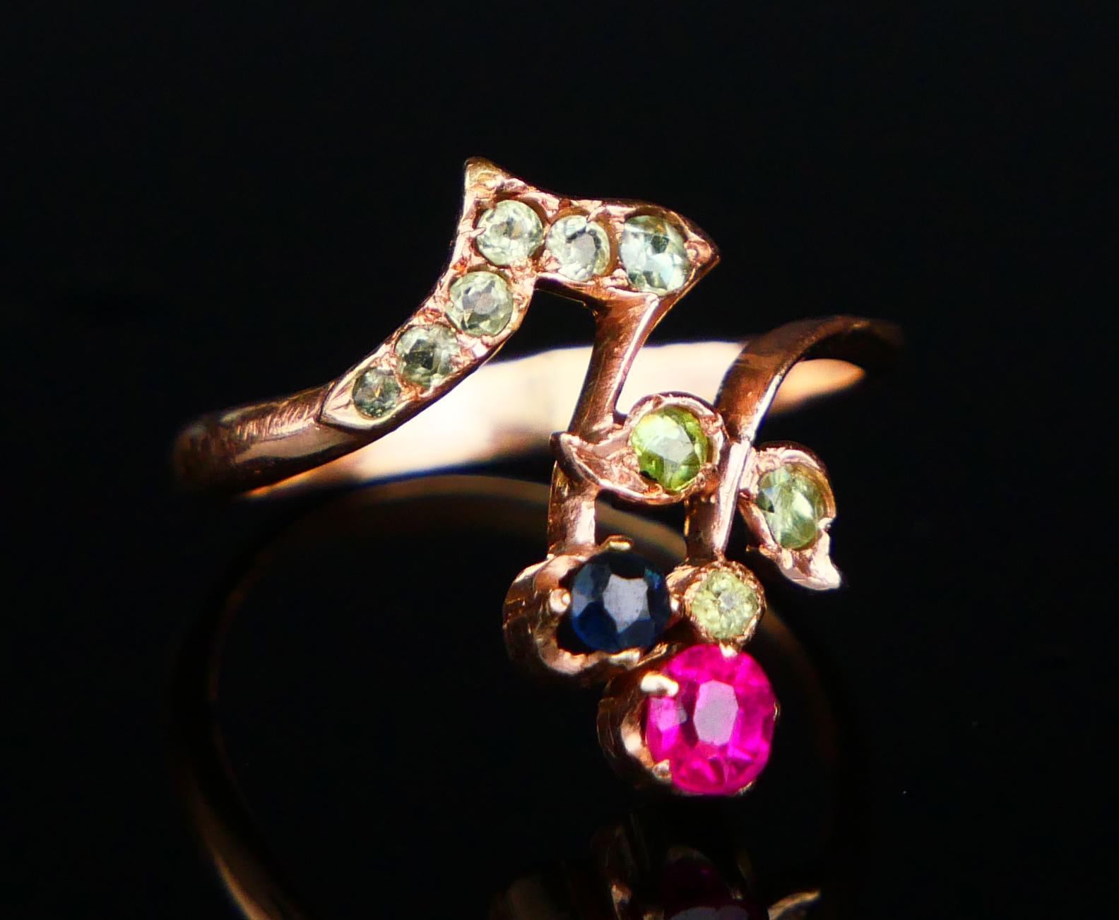 Antiker Jugendstil Russischer Ring Demantoid Rubin Saphir 56 Gold ØUS4 / 1.76gr im Angebot 1