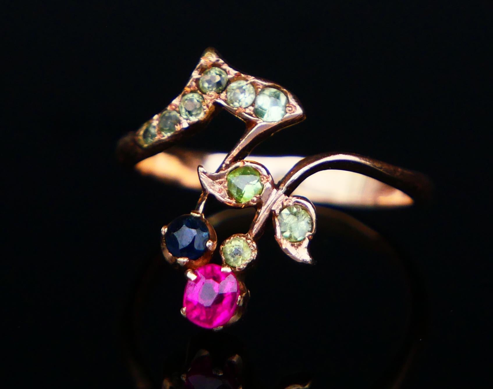 Antiker Jugendstil Russischer Ring Demantoid Rubin Saphir 56 Gold ØUS4 / 1.76gr im Angebot 3