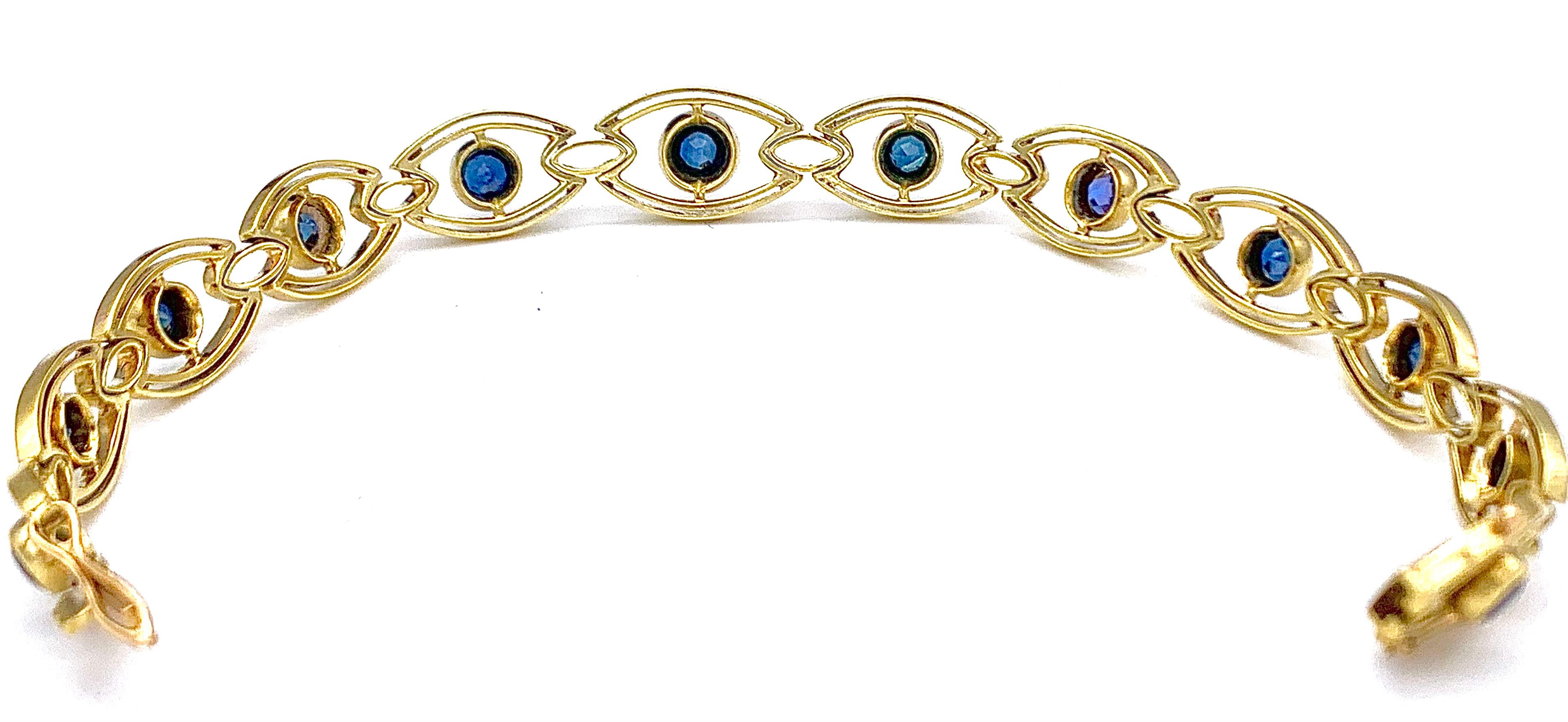 Taille ronde Bracelet à maillons ancien Art nouveau en or jaune 14 carats avec saphirs en vente