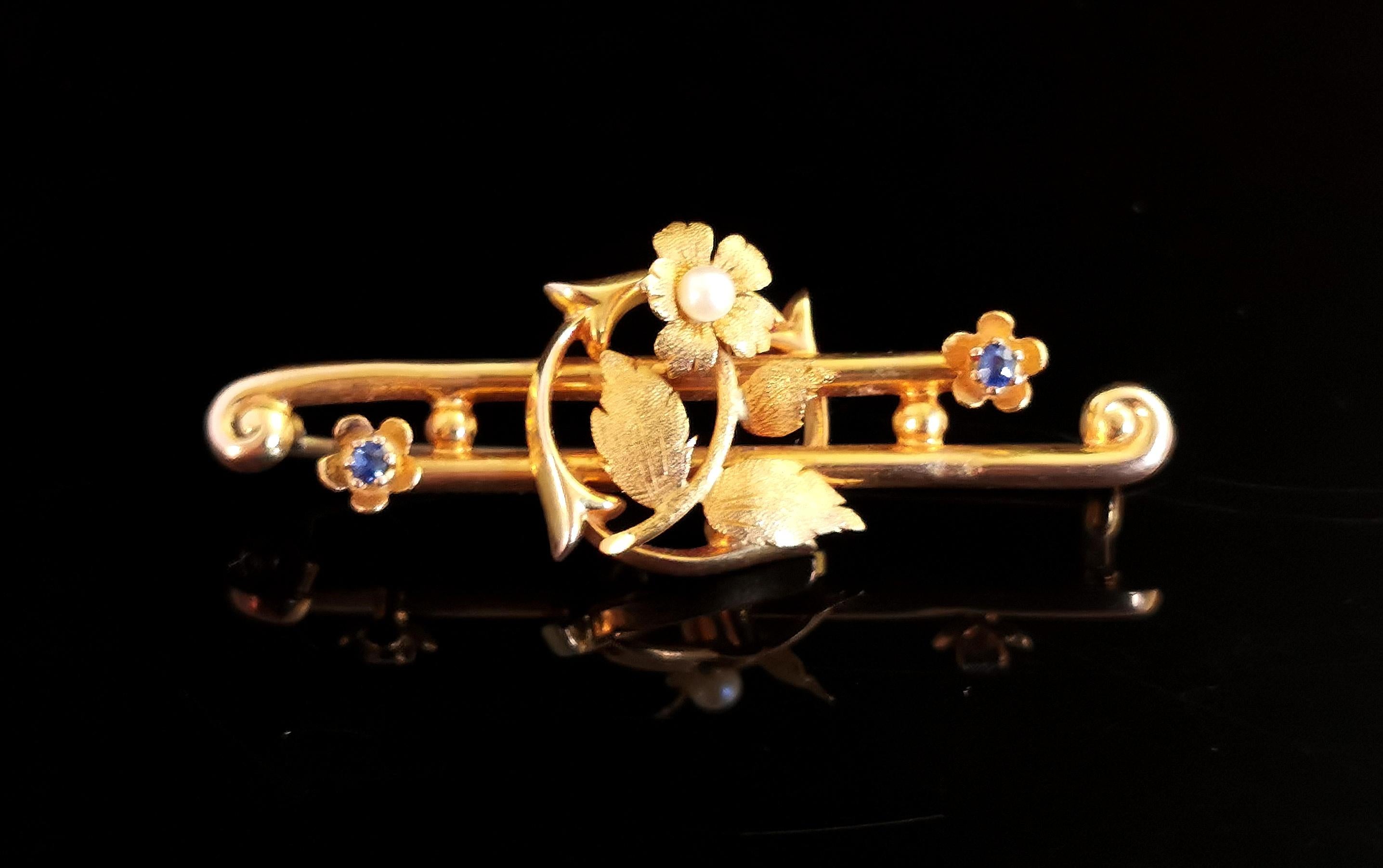 A beautiful, fine antique Art Nouveau era floral bar brooch.

This amazingly pretty piece is extremely well made and designed, it is a bar style brooch with double scrolling bars, each featuring a pretty golden forget me not flower set with a