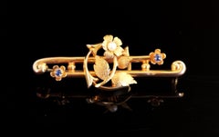 Antique Art Nouveau Sapphire and Pearl Flower Brooch, Boxed, 15k Yellow Gold