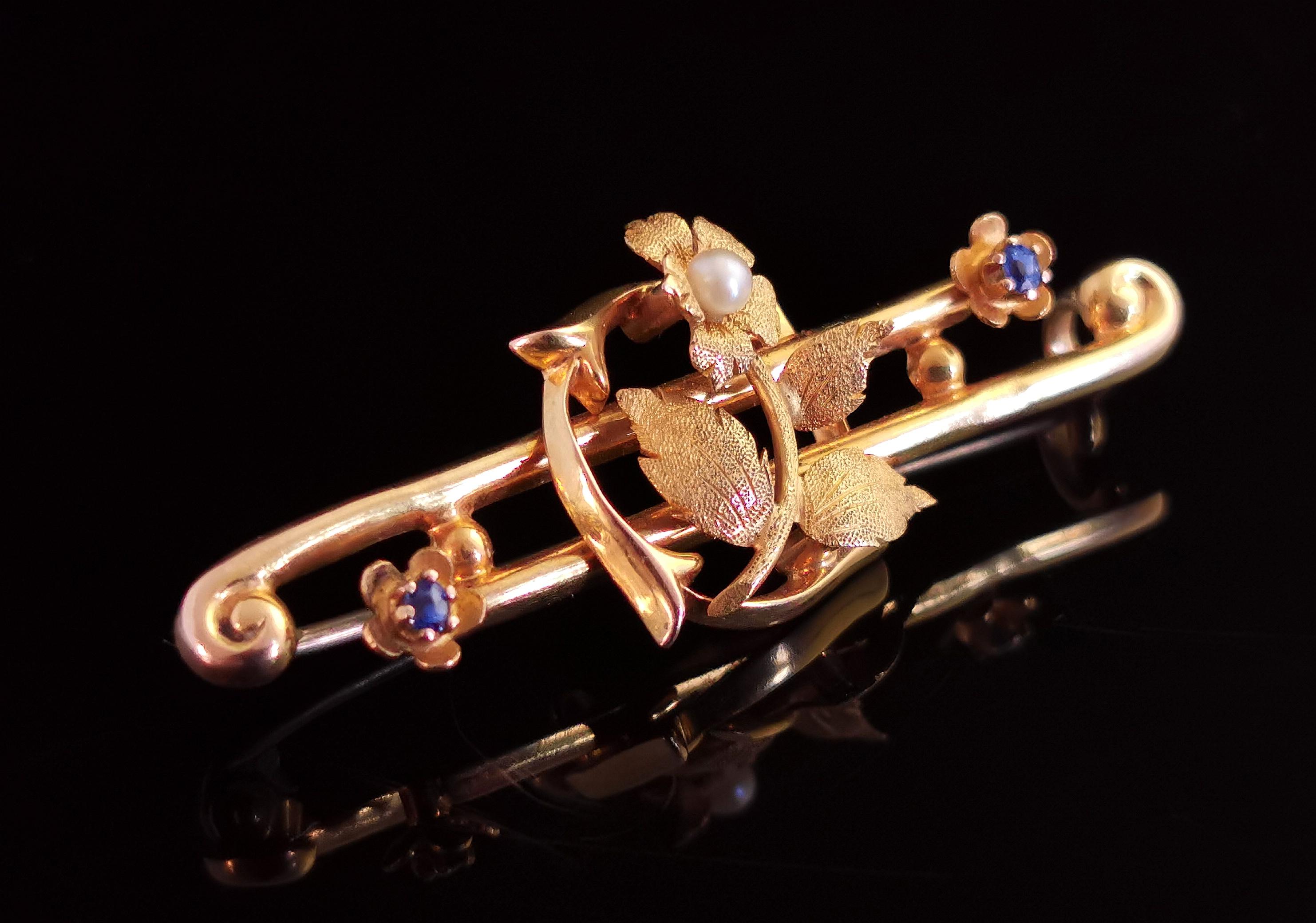 Women's Antique Art Nouveau Sapphire and Pearl Flower Brooch, Boxed, 15k Yellow Gold For Sale