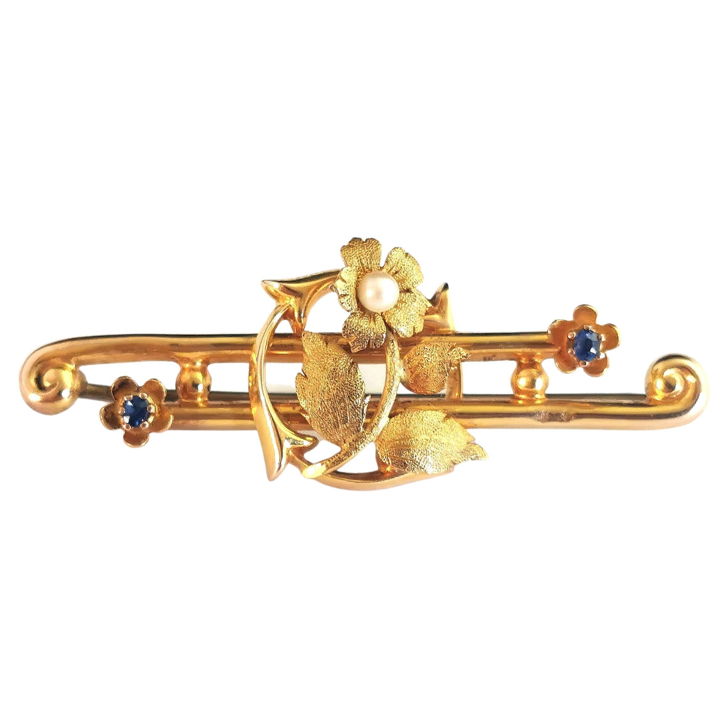 Antique Art Nouveau Sapphire and Pearl Flower Brooch, Boxed, 15k Yellow Gold For Sale