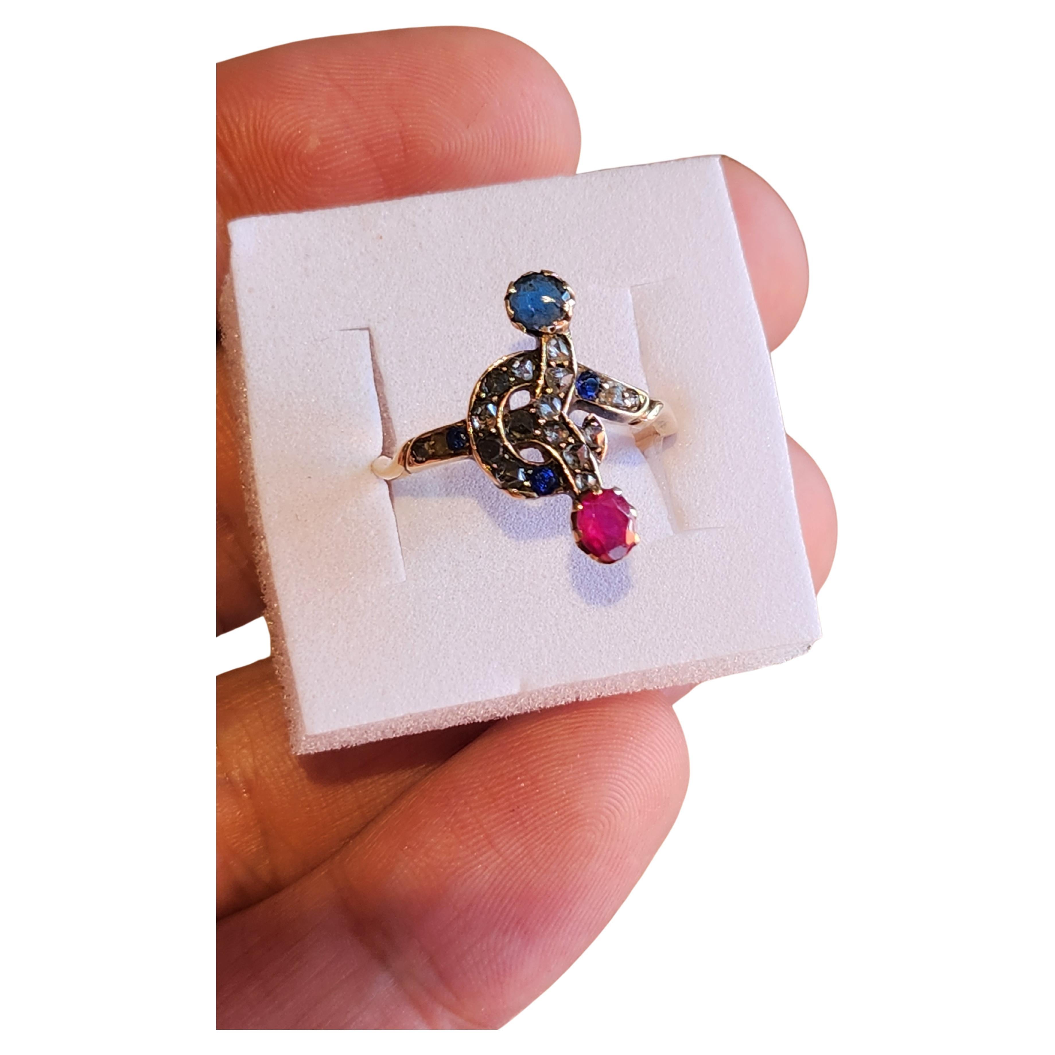 Women's Antique Art Nouveau Sapphire Ruby Russian Gold Ring For Sale
