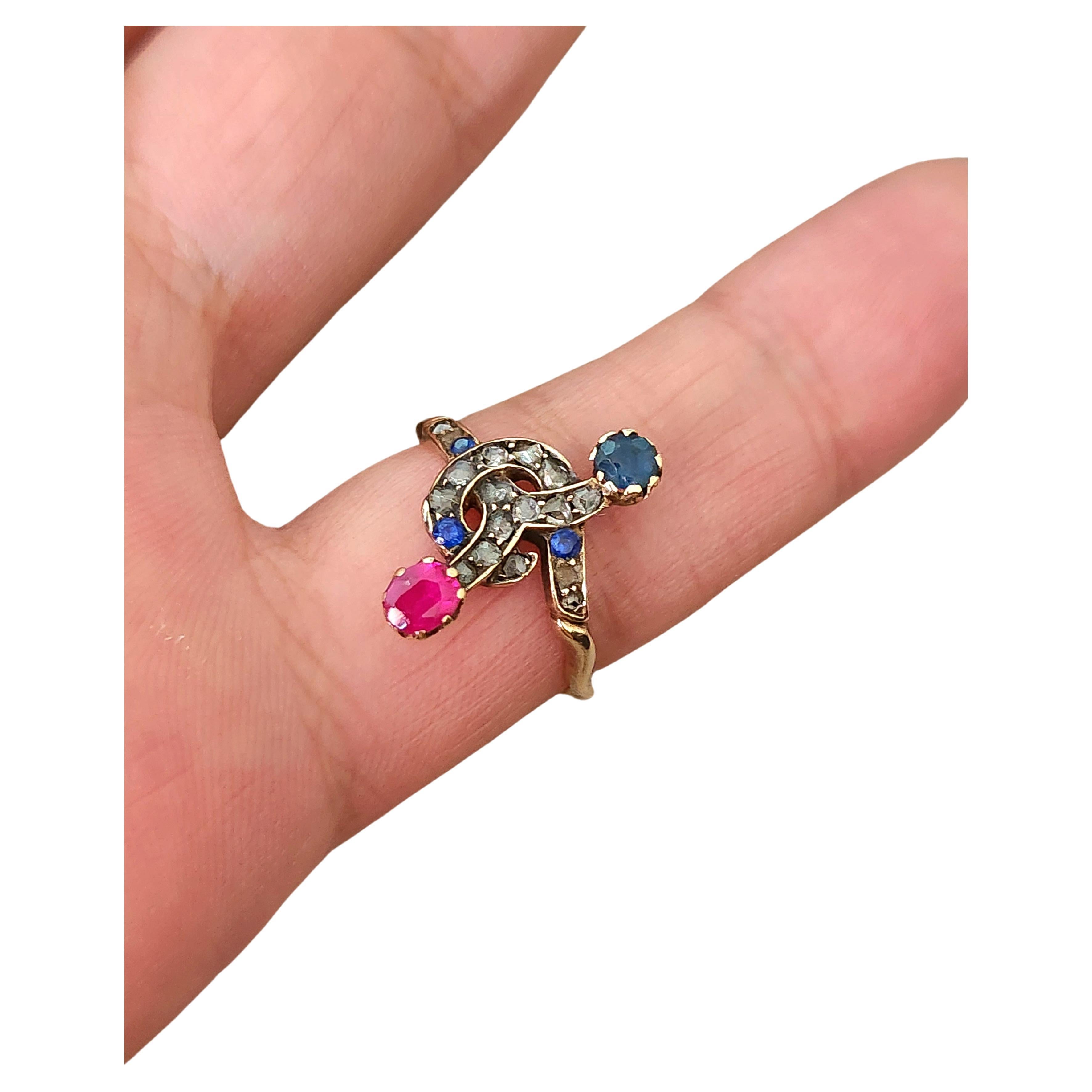 Antique Art Nouveau Sapphire Ruby Russian Gold Ring For Sale 1
