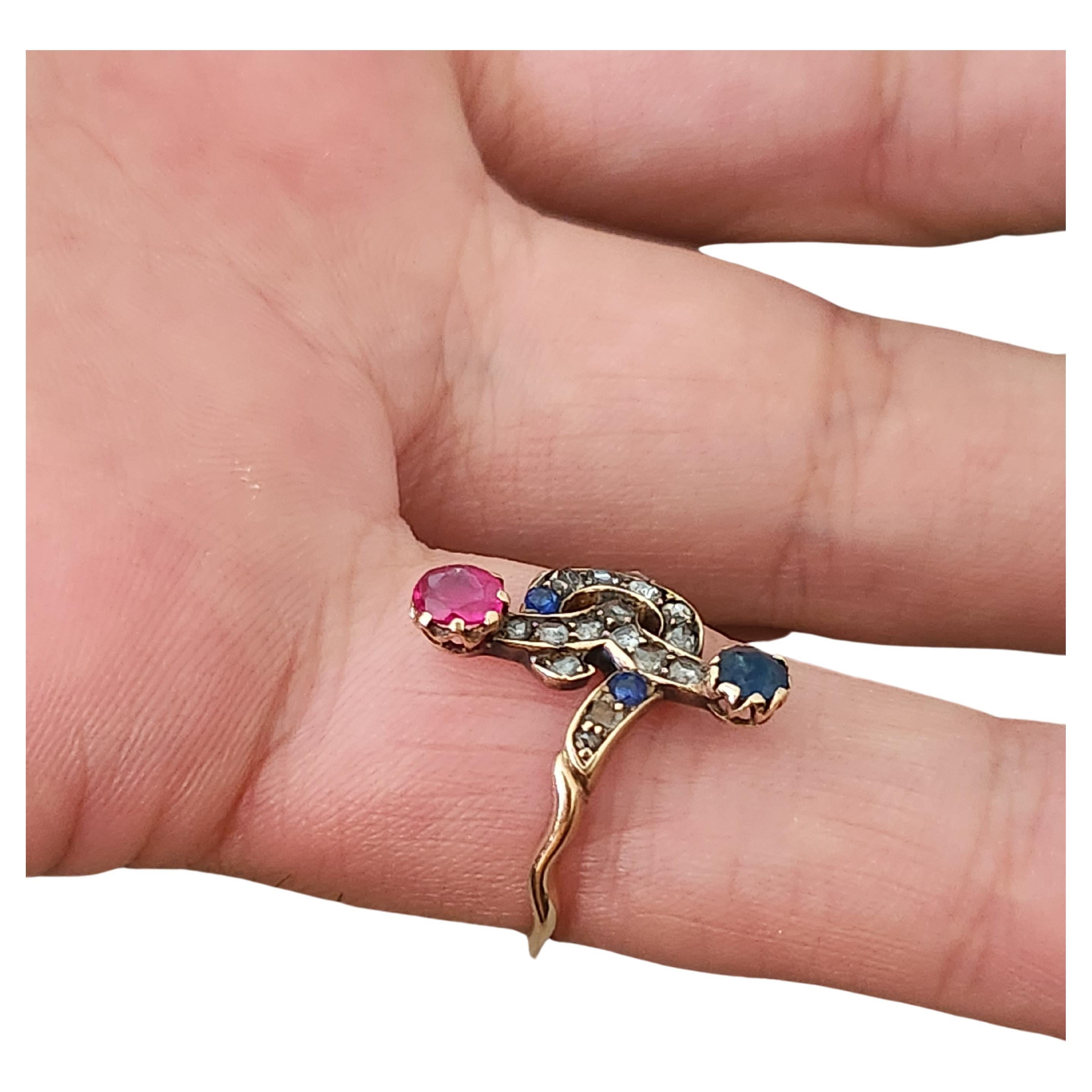 Antique Art Nouveau Sapphire Ruby Russian Gold Ring For Sale 2