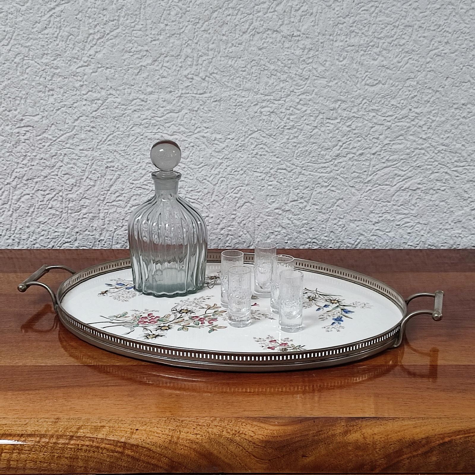 Antikes Sarreguemines Fayence-Tablett im Art nouveau-Stil in Metallrahmen, Edelweiss-Dekor im Zustand „Gut“ im Angebot in Bochum, NRW