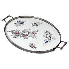 Antique Art Nouveau Sarreguemines Faience Tray in Metal Framing, Edelweiss Decor
