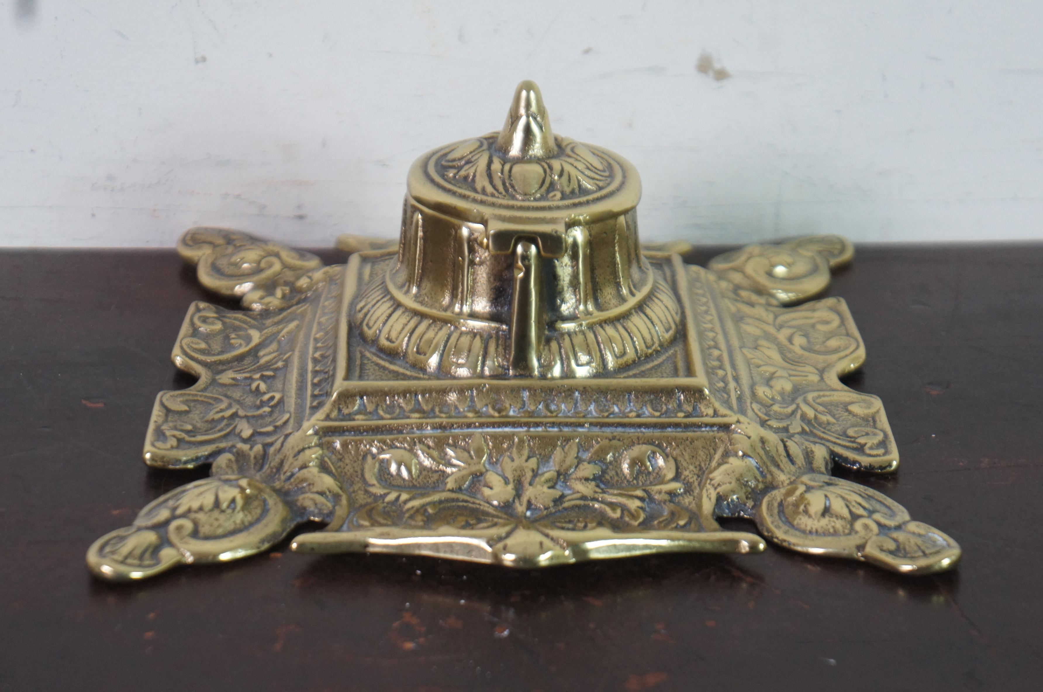 20th Century Antique Art Nouveau Scalloped Brass Desktop Executive Inkwell Stand For Sale