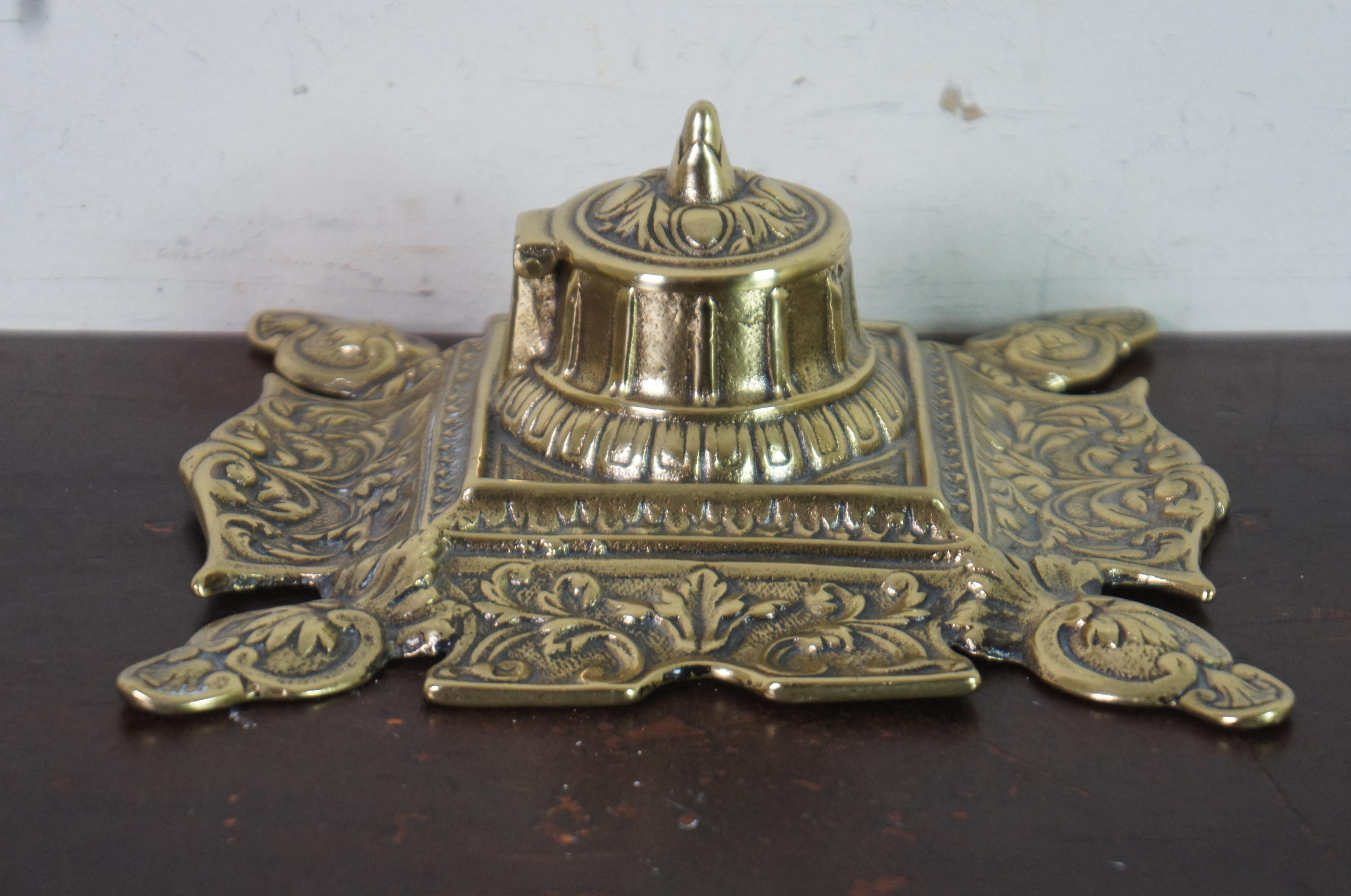 Antique Art Nouveau Scalloped Brass Desktop Executive Inkwell Stand For Sale 1