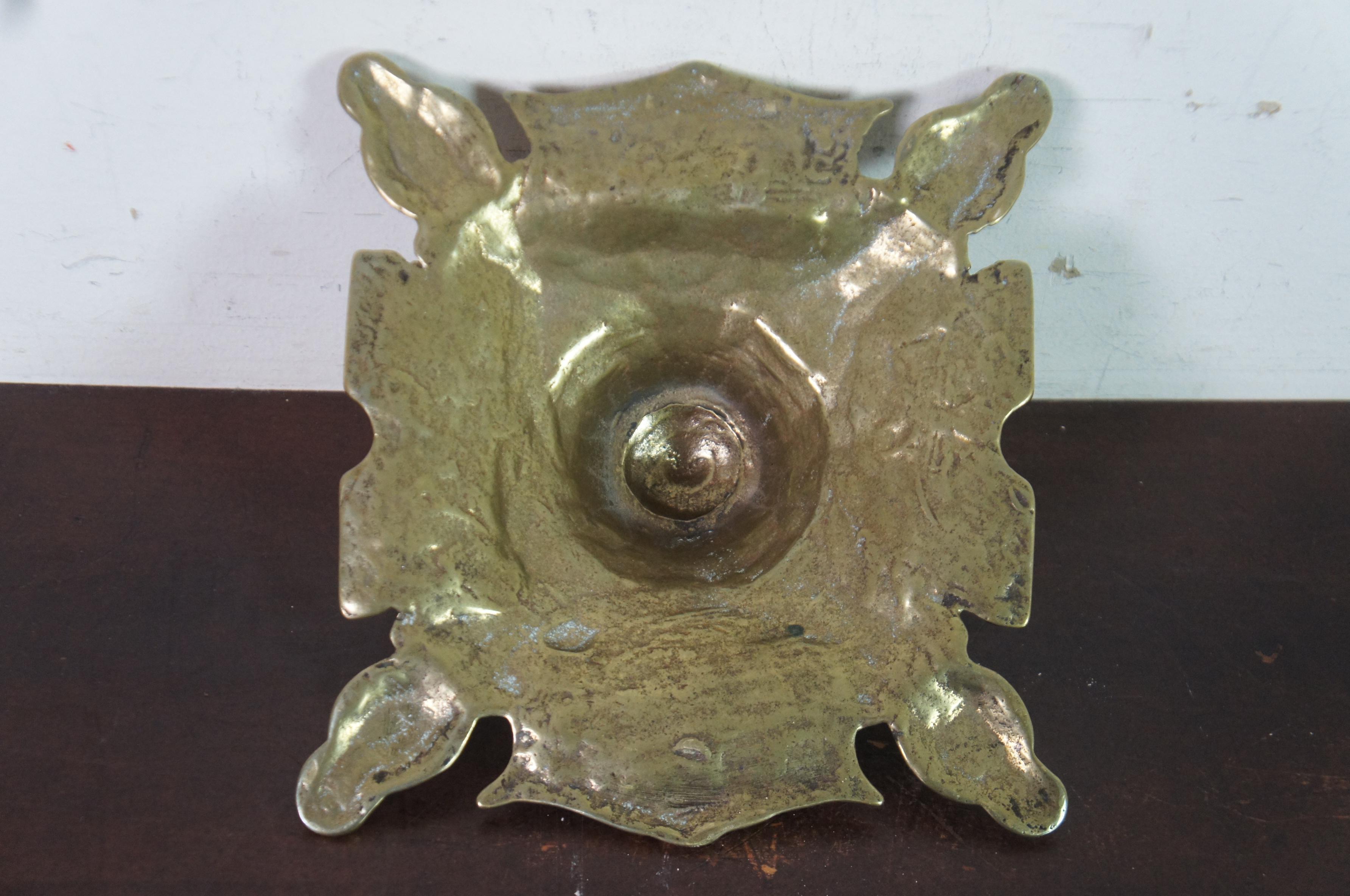 Antique Art Nouveau Scalloped Brass Desktop Executive Inkwell Stand For Sale 5