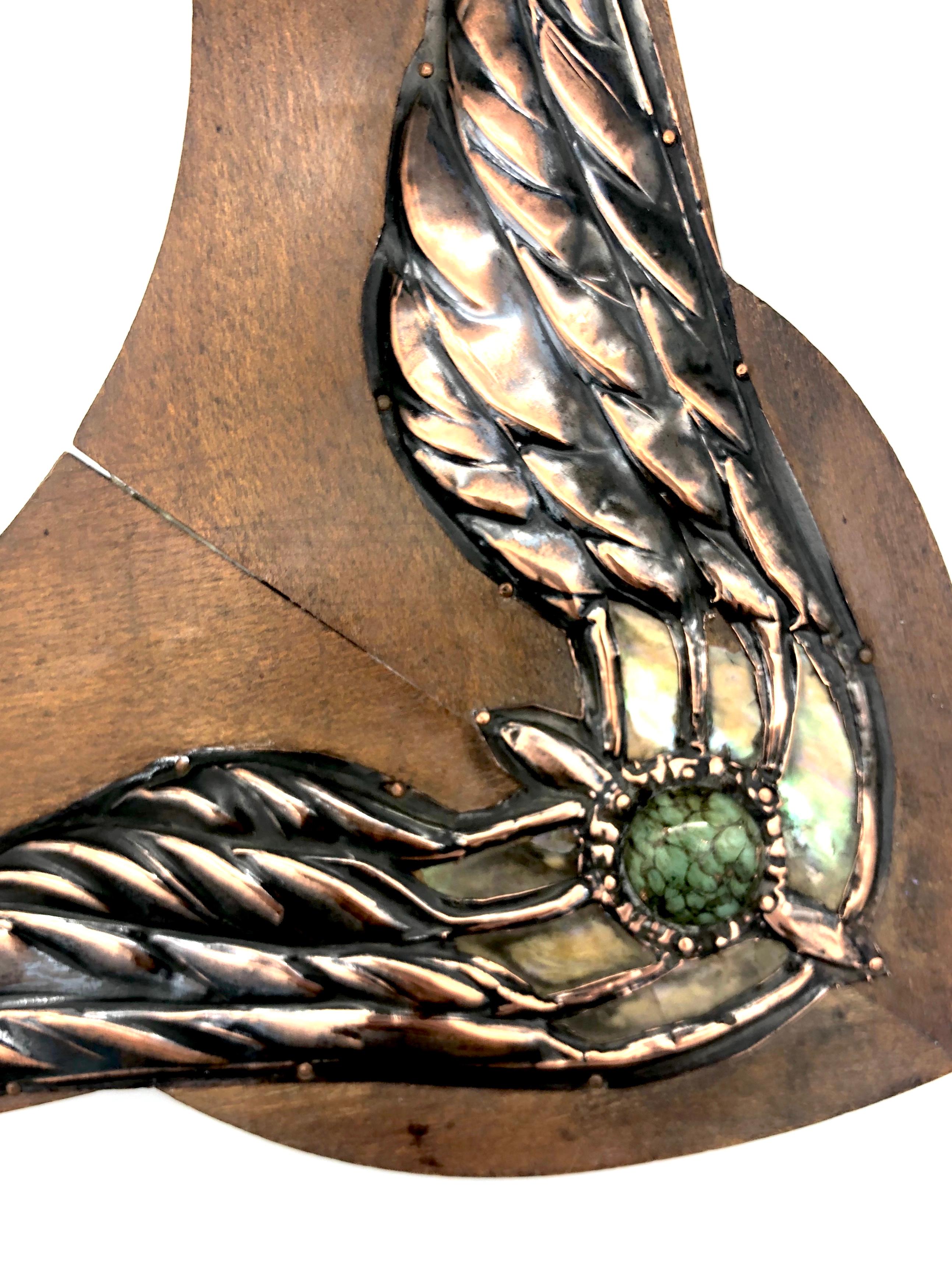 Carved Antique Art Nouveau Scarab Wings Birds Frame Enamel Copper Wood Mother of Pearl  For Sale