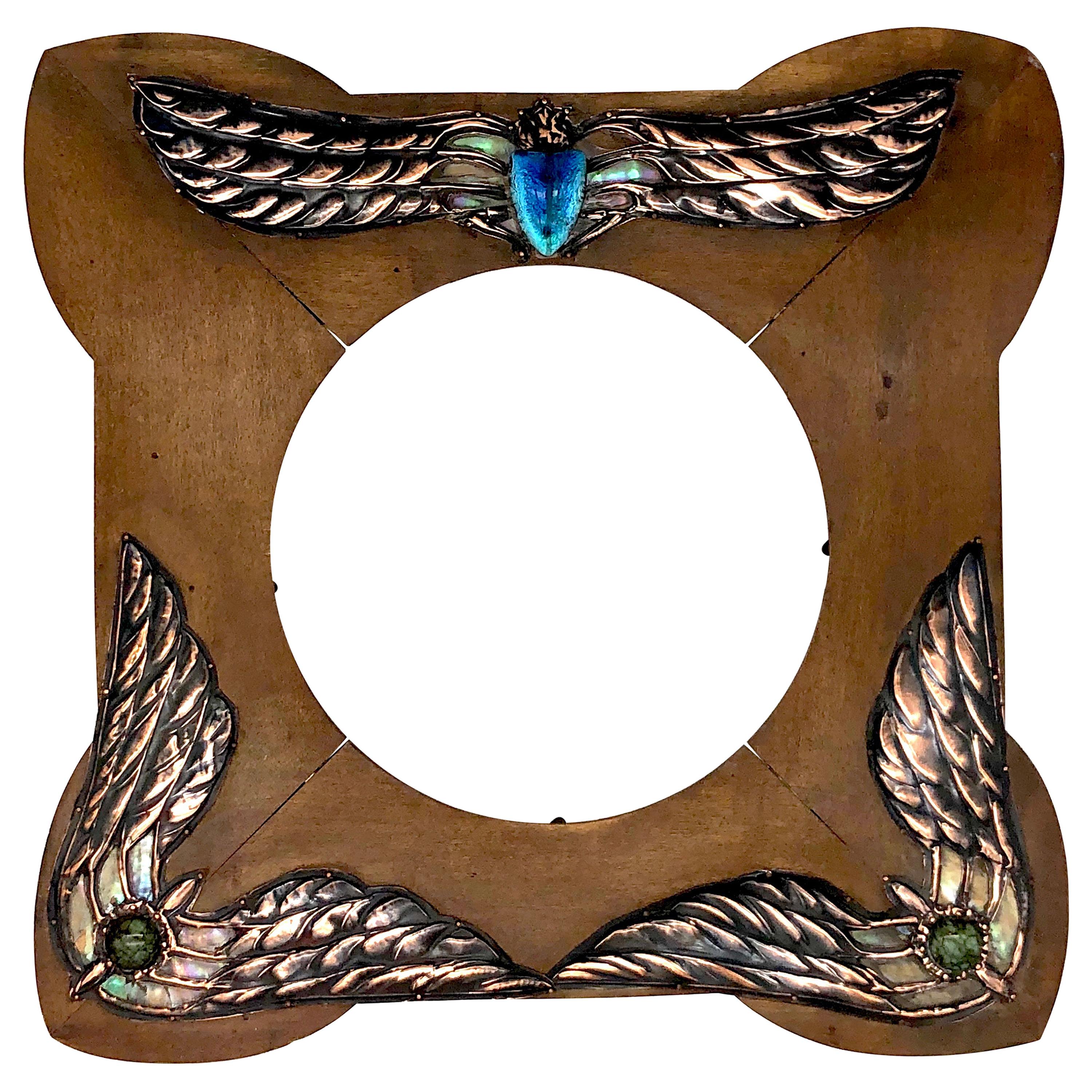 Antique Art Nouveau Scarab Wings Birds Frame Enamel Copper Wood Mother of Pearl  For Sale