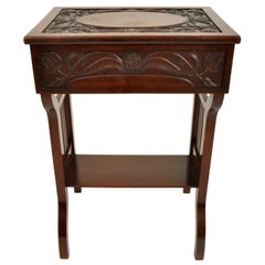 Antique Art Nouveau Scottish Arts & Crafts Carved Walnut Sewing Work Table, 1900