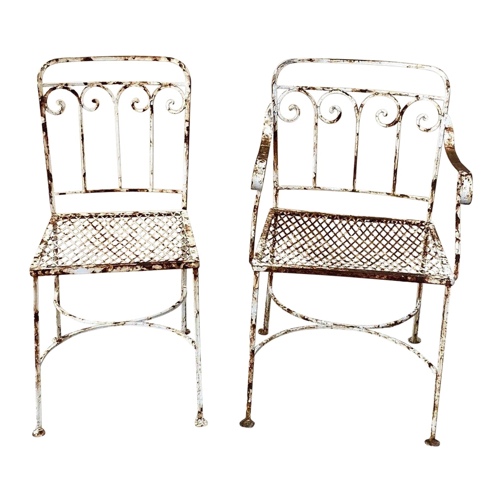 Antique Art Nouveau Scrolling Wrought Iron Garden Patio Dining Chairs - A Pair