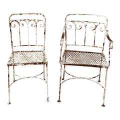 Antique Art Nouveau Scrolling Wrought Iron Garden Patio Dining Chairs - A Pair