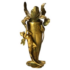 Antique Art Nouveau Sculptural Cast Bronze Lily Vase with Winged Woman C1900