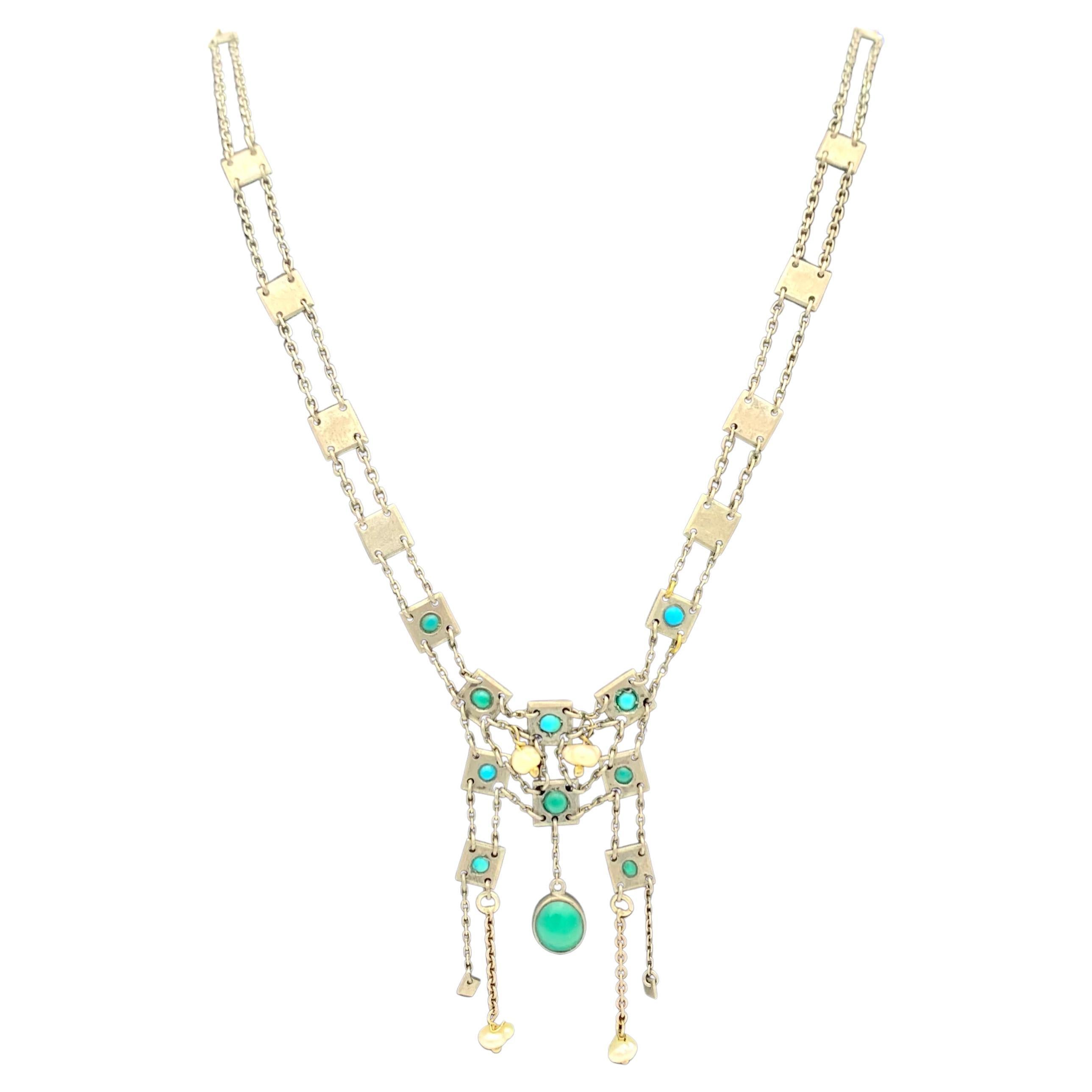 Antique Art Nouveau Secessionist Necklace Cabochon Turquoise River Pearl Metal