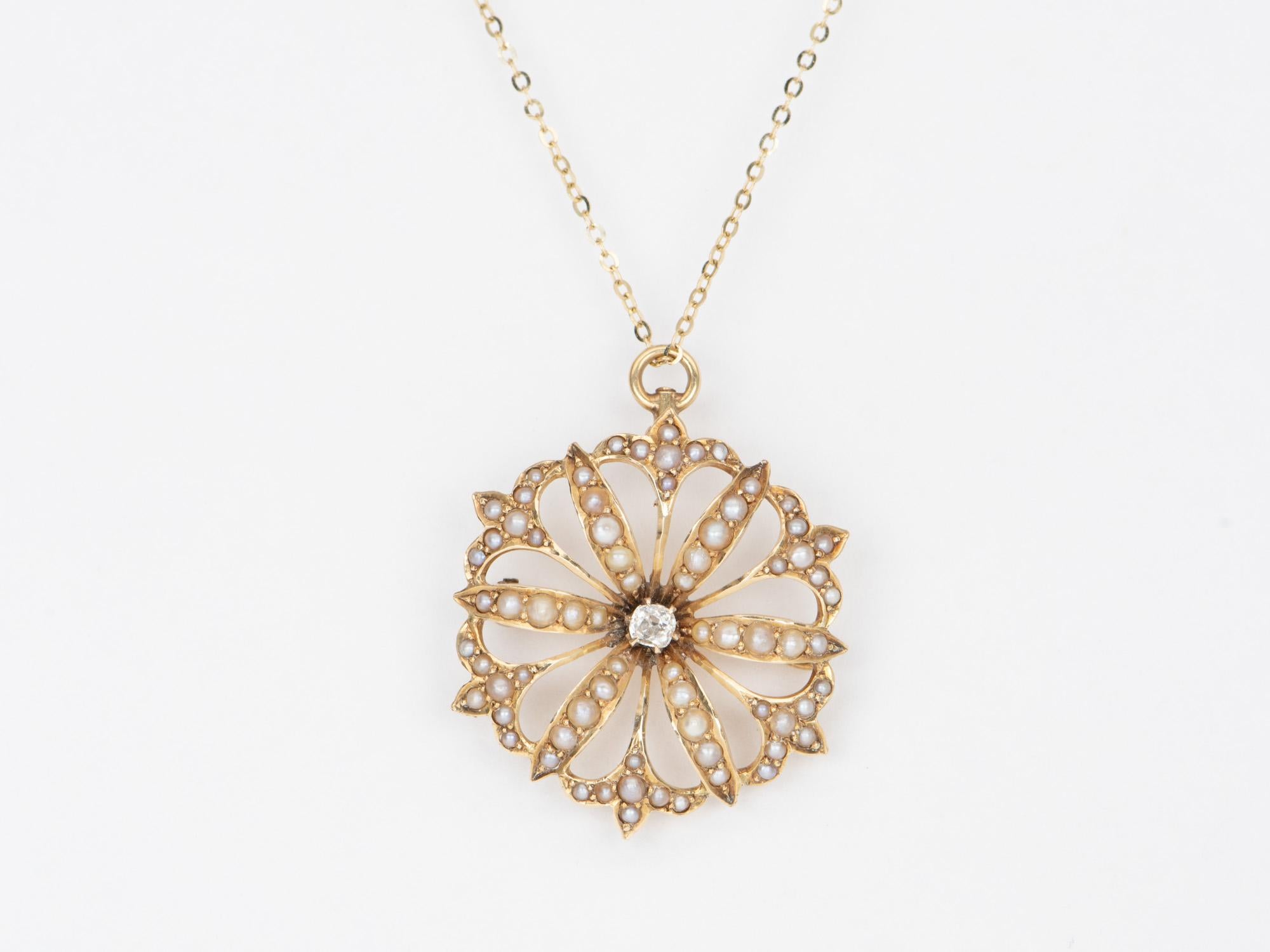 Uncut Antique Art Nouveau Seed Pearl Floral Pin Brooch Pendant 14K Gold V1088 For Sale