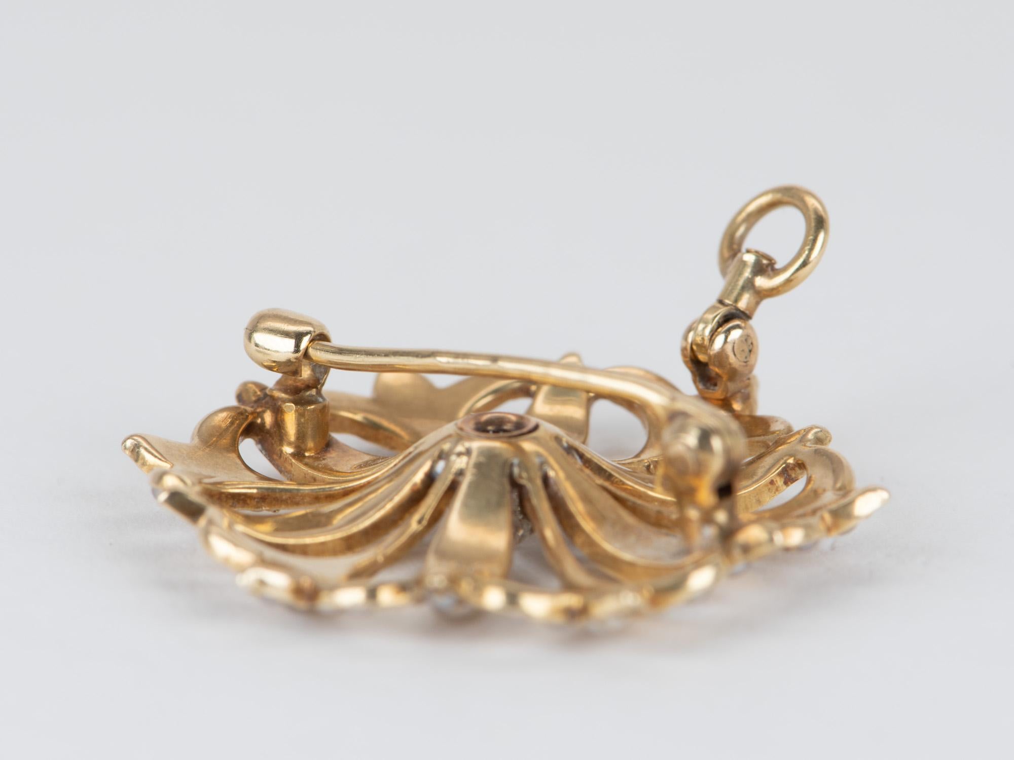 Women's or Men's Antique Art Nouveau Seed Pearl Floral Pin Brooch Pendant 14K Gold V1088 For Sale