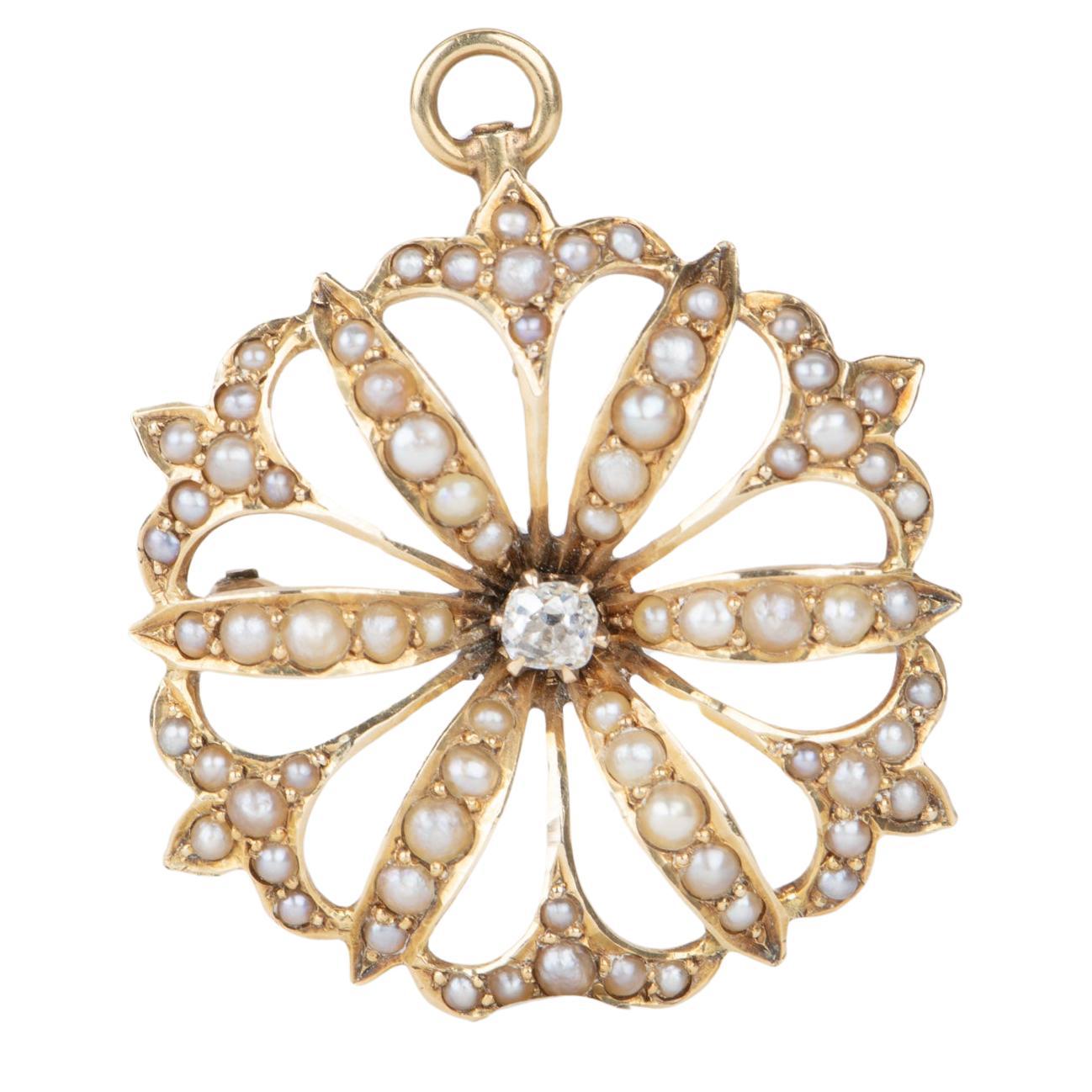 Antique Art Nouveau Seed Pearl Floral Pin Brooch Pendant 14K Gold V1088